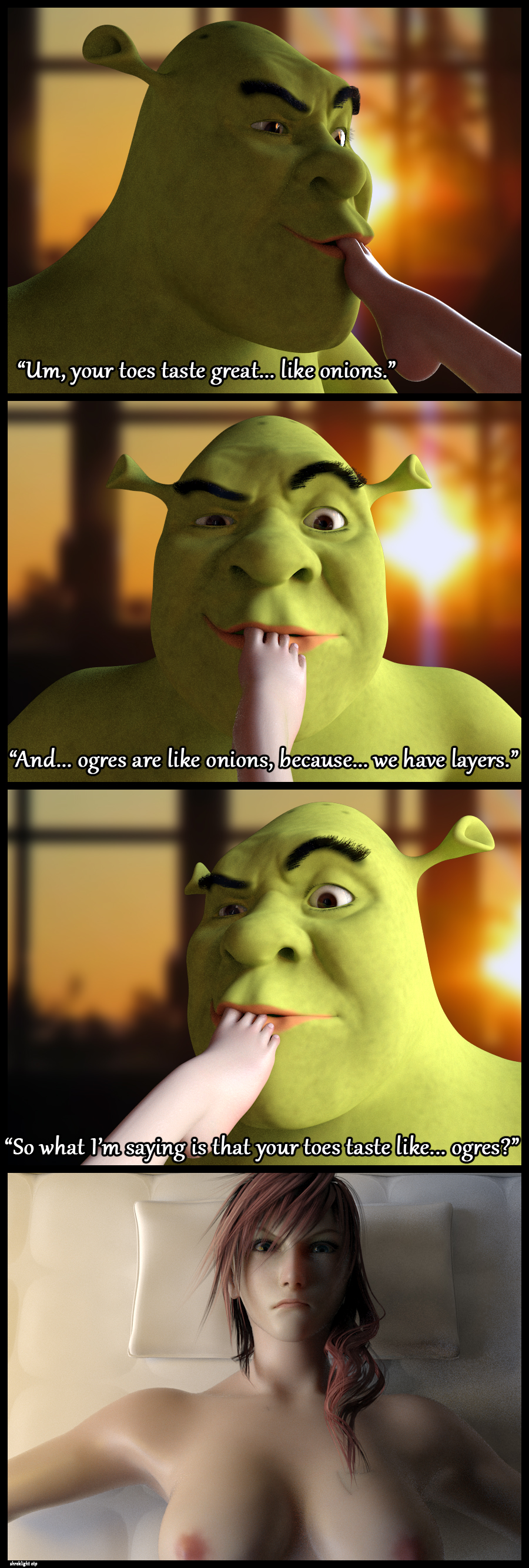 3d barefoot breasts comic crossover dialogue dreamworks eclair_farron english feet final_fantasy final_fantasy_xiii foot_fetish nipples shrek shrek_(film) shrek_(series) soles square_enix text toe_sucking toes