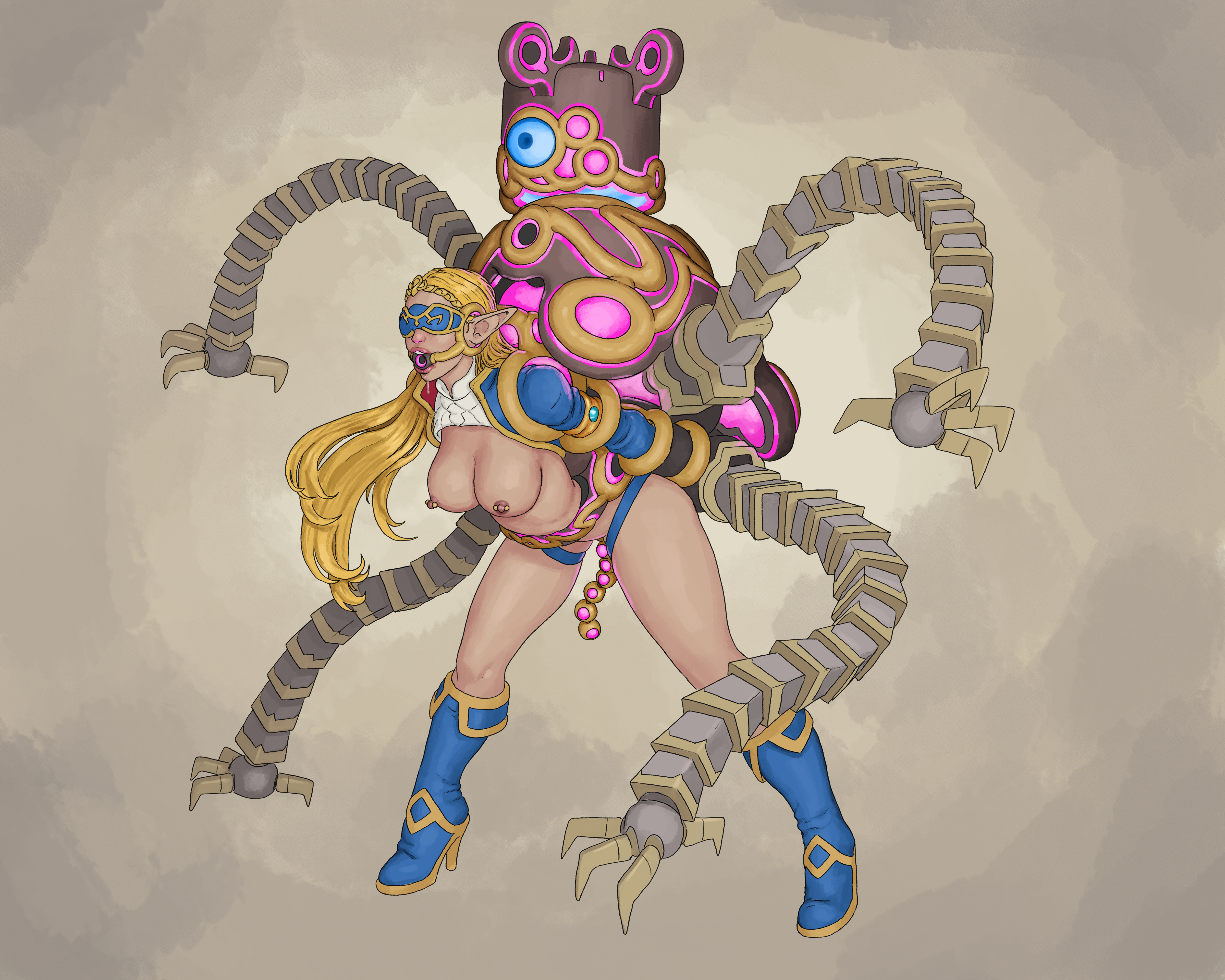 ball gag, biomechanical, blindfold, blonde female, blonde hair, boots, bound, bound arms, bound wrists, breasts out, breath of the wild, carrying, carrying another, cyborg, cyborg girl, defeated, defeated heroine, drooling, elf ears, enemy conversion, enslaved royal, exposed breasts, gag, guardian (zelda), hylian, hylian ears, luscious lips, marbus1000, mechanical arm, nipple piercing, pierced nipples, princess, princess zelda, slave, slave girl, the legend of zelda, thighs, zelda (breath of the wild)