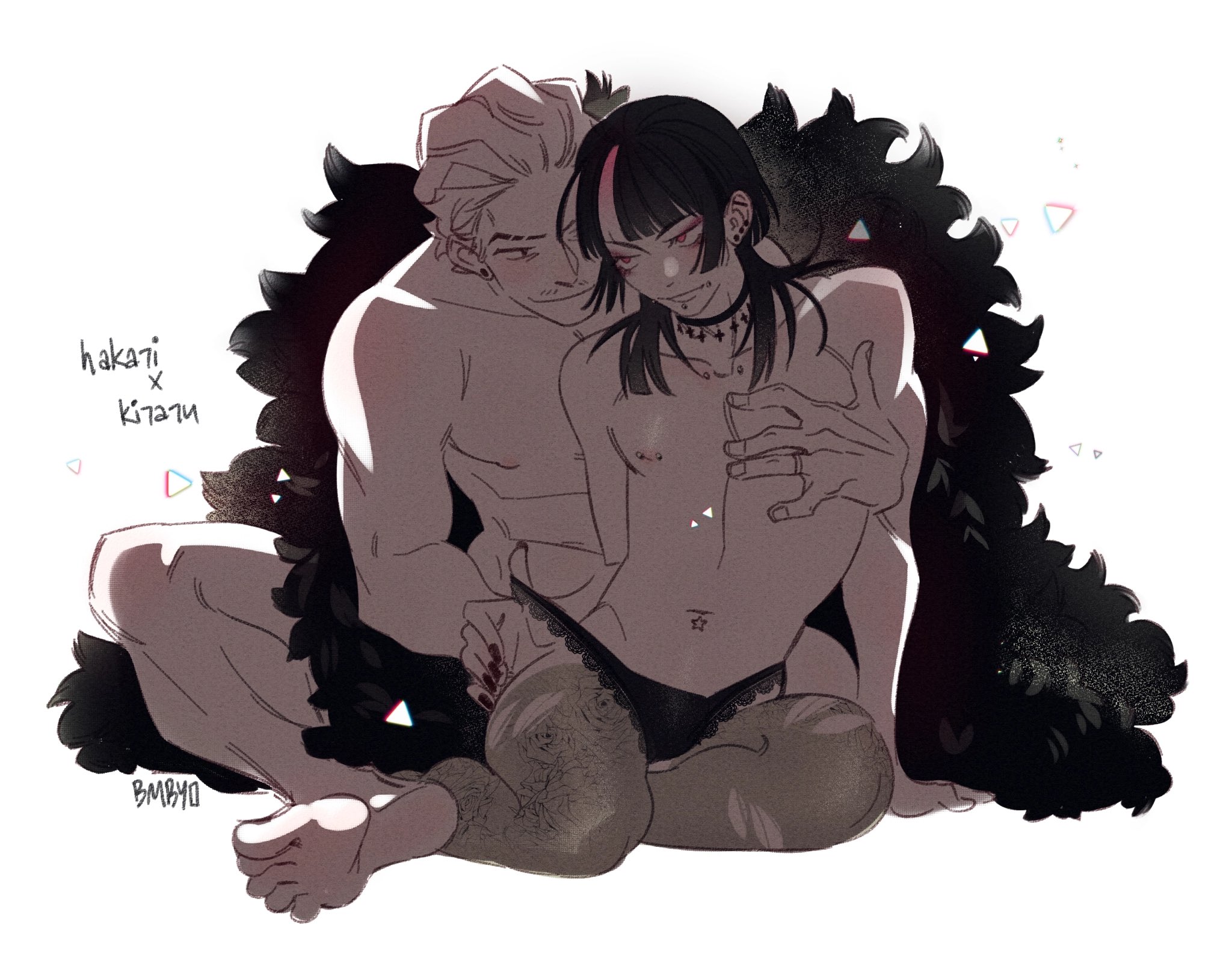 1boy, 1boy1girl, 1girl, bombyoon, choker, hakari kinji, hoshi kirara, jujutsu kaisen, male, multicolored hair, muscular male, pierced nipples, piercings, plain background, pulling clothing, pulling panties, smirking, tagme, tights, underwear, white background