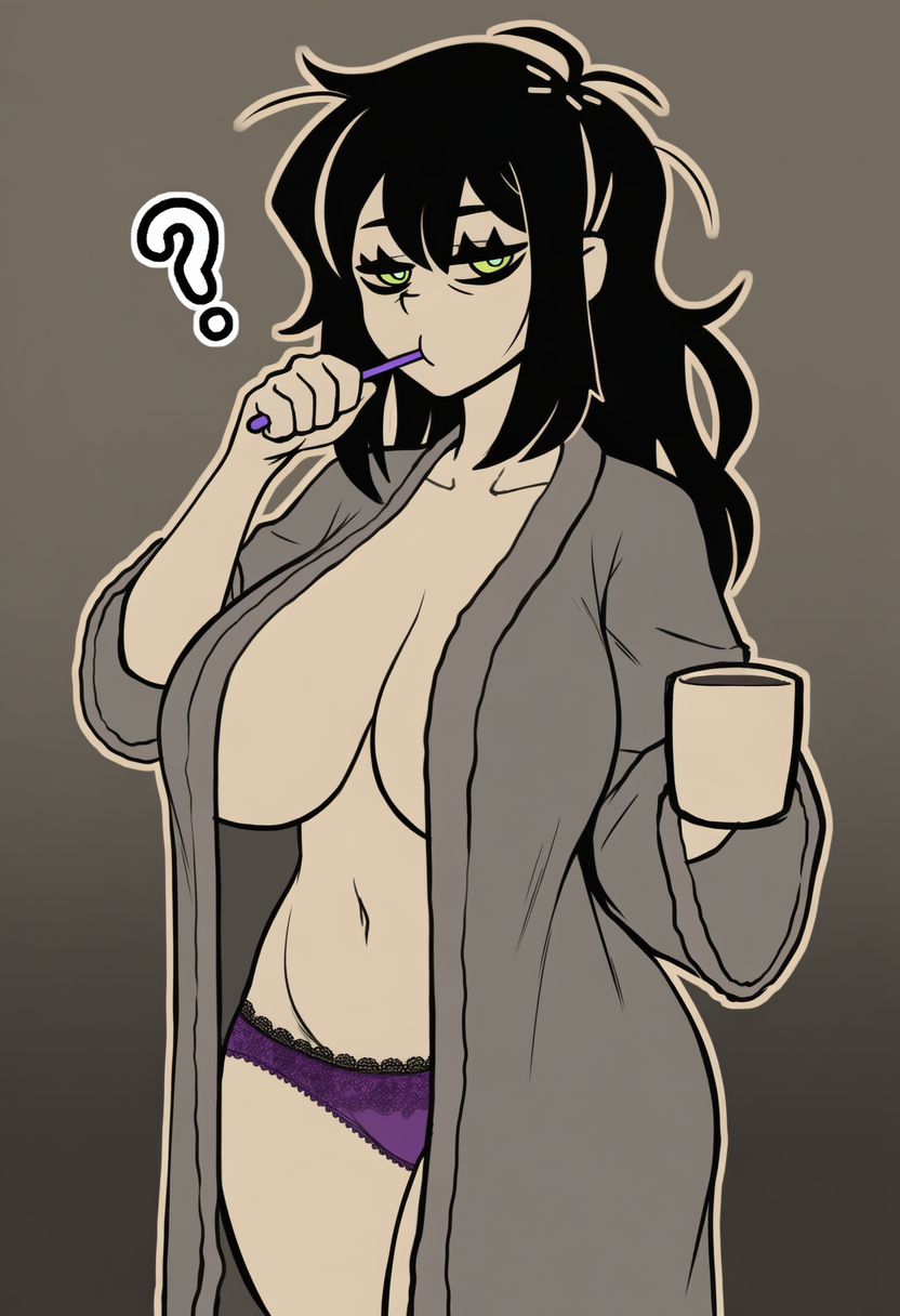 1girls ? ai-generated ai_generated brushing_teeth cleavage coffee holding_cup looking_at_viewer milf navel open_robe panties renee_graves robe solo the_coffin_of_andy_and_leyley toothbrush underwear