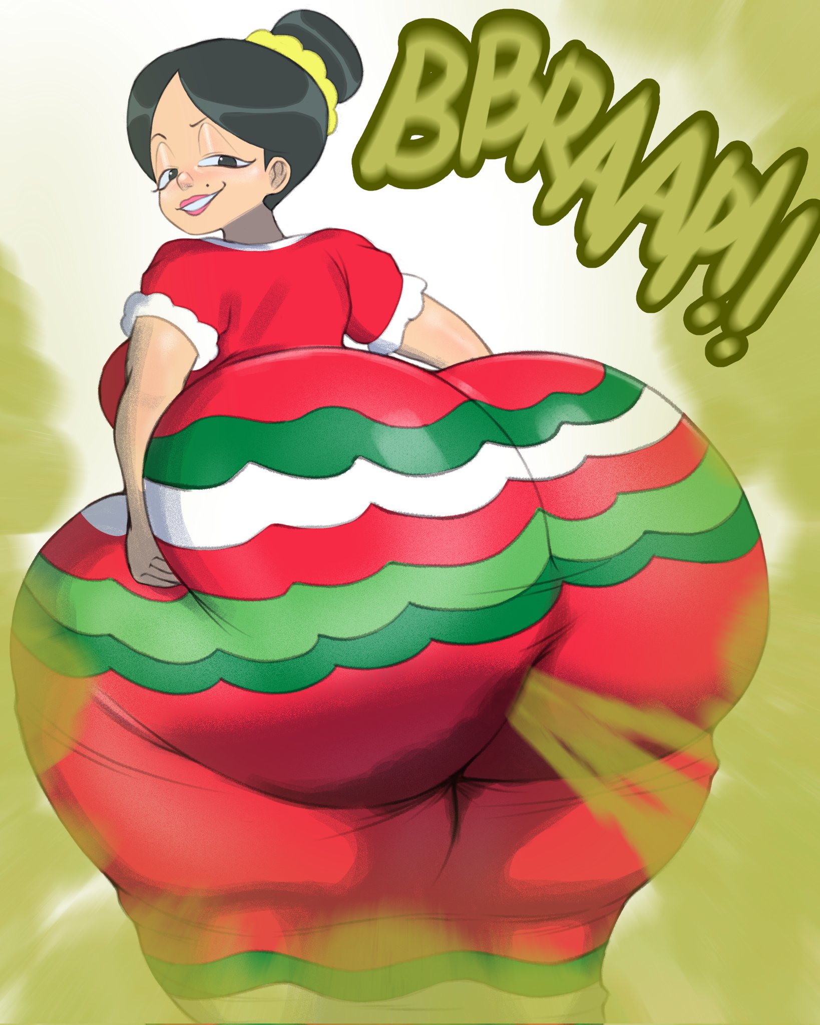 2d, 2d artwork, ass, ass bigger than head, ass focus, ass grab, beauty mark, big ass, big thighs, black hair, bubble ass, bubble butt, caption, cheeky, clothed, clothed female, color, colored, dress, dumptruck ass, enjoying farting, enjoying farts, enormous ass, enormous thighs, fart, fart cloud, fart everywhere, fart fetish, farting, farting at viewer, farts, fat ass, fat butt, female, female focus, fully clothed, gassy, grinning, hair bun, hispanic, holding ass, huge ass, huge butt, large ass, large butt, large thighs, latina, layla (jimmito v), light skin, light-skinned female, mexican, mexican female, nightmaresfd, original character, red dress, round ass, round butt, smiling, smug, smug face, solo, solo female, thick, thick ass, thick butt, thick legs, thick thighs, white background