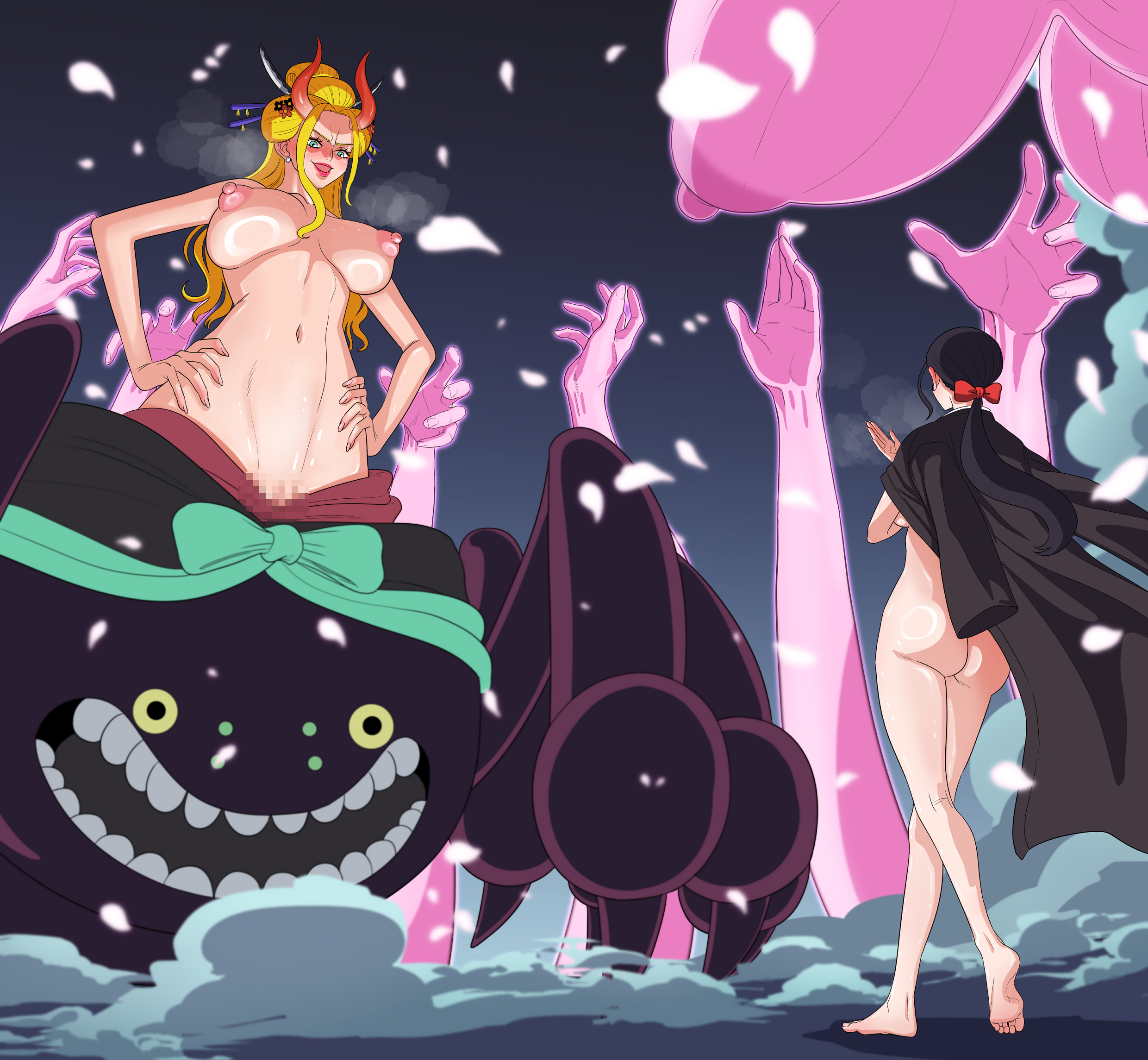 2girls, ass, bare ass, beast pirates, black hair, black maria, black-haired female, blonde female, blonde hair, blonde-haired female, breasts out, brunette, brunette female, censored pussy, female, female only, giantess, hana hana no mi, large breasts, nico robin, one piece, taejaho, tits out, topless, topless female, wano country