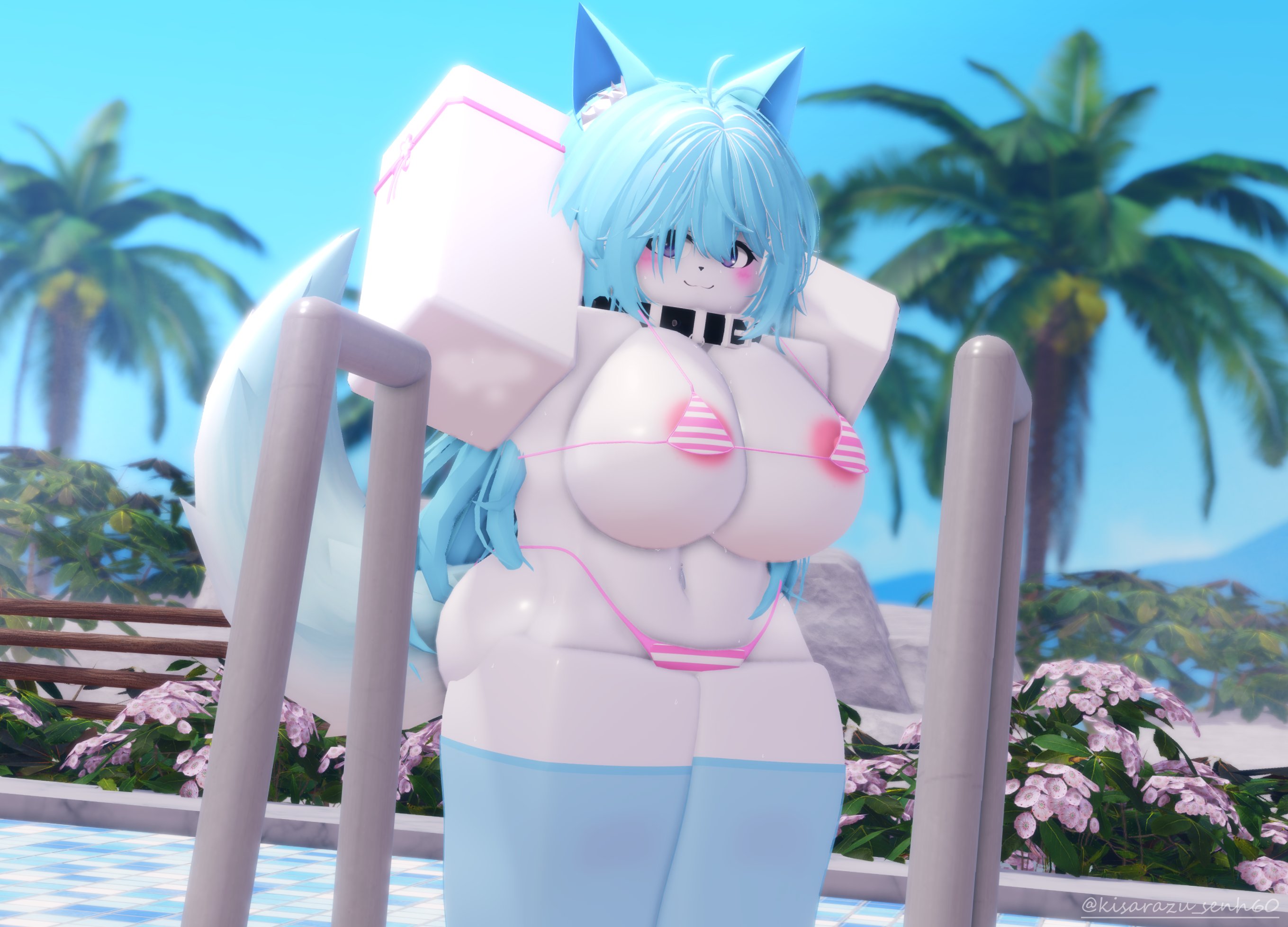 1girls, 3d, 3d (artwork), 3d model, anthro, areola slip, areolae, ass, belly button, big breasts, bikini, breasts, collar, female, female only, kisarazu senh60, outdoors, pool, roblox, robloxian, stomach, tagme, thick thighs, thigh highs, thighhighs, thighs, twitter