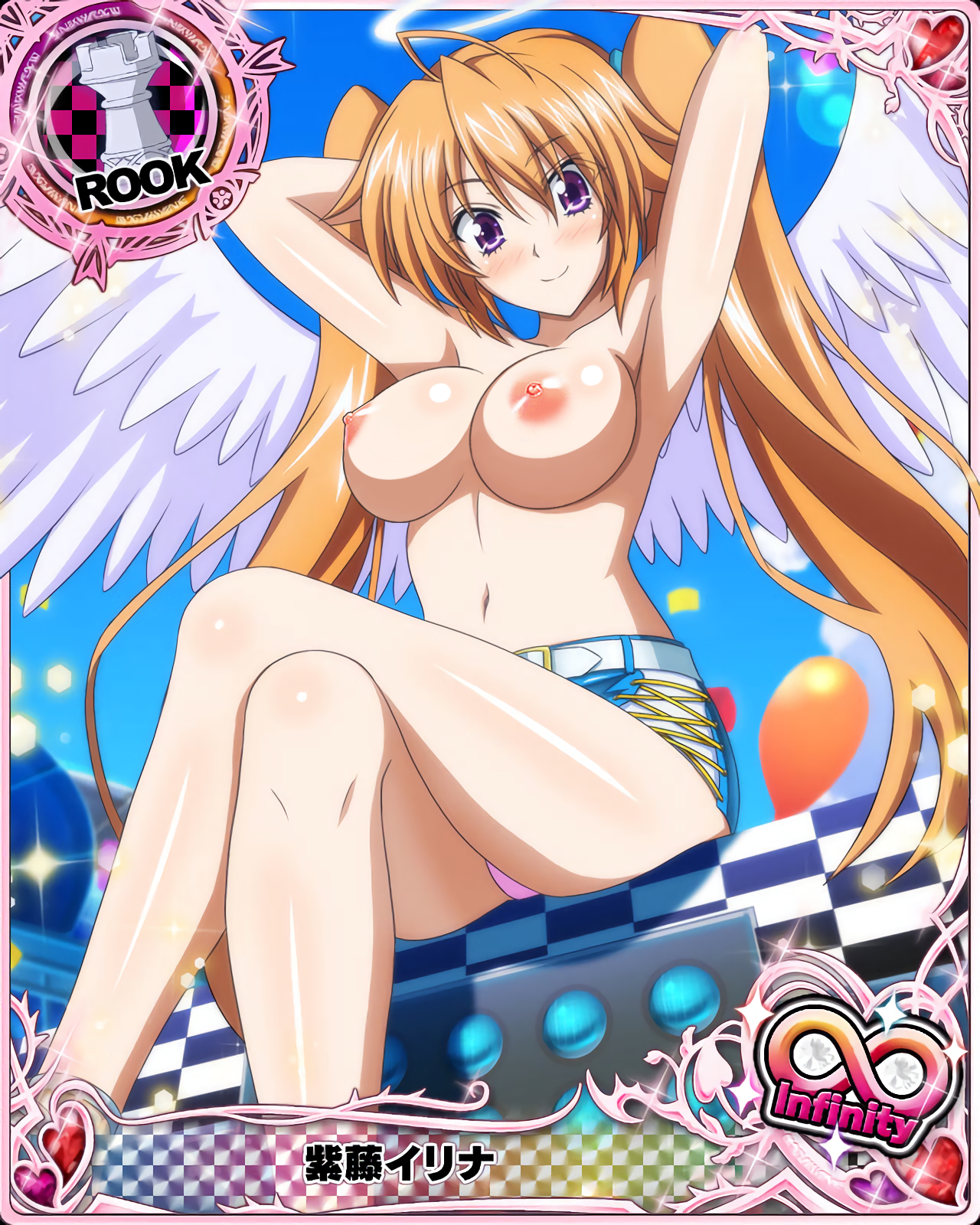angel, angel wings, breasts, card (medium), female, hands behind head, high school dxd, jean skirt, large breasts, photoshop, pink panties, shidou irina, smiling at viewer, topless, upskirt