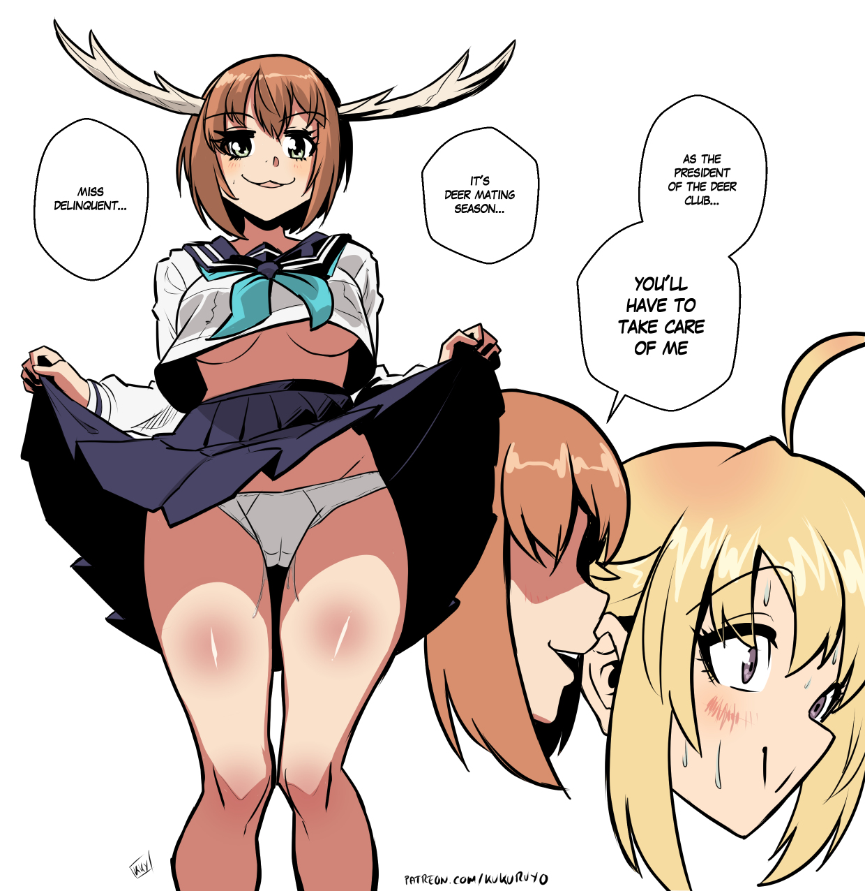 ahoge, antlers, bangs, blonde hair, blush, breasts, brown hair, cat mouth, deer girl, female, green eyes, imminent sex, implied sex, intersex, intersex/female, inviting, koshi torako, kukuruyo, leaking pussy, lifting skirt, mating season, midriff, panties, purple eyes, school uniform, schoolgirl, shikanoko noko, shikanoko nokonoko koshitantan, skirt lift, sweat, sweating, underboob, upskirt, wet pussy, whispering, whispering into ear, white panties, yellow hair, yuri