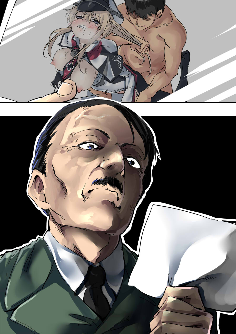 1girls 2boys adolf_hitler anchor bangs black_eyes black_gloves black_hair black_legwear black_neckwear black_ribbon blonde_hair blush breasts breasts_out capelet clenched_teeth closed_mouth clothed_female_nude_male clothed_sex collared_shirt crossover drooling ebifurya eyebrows_visible_through_hair facial_hair female gloves graf_zeppelin_(kantai_collection) hair_between_eyes hair_pull hat highres holding iron_cross kantai_collection long_hair long_sleeves medium_breasts moustache multiple_boys nazi neck_ribbon necktie nipples no_shoes nude pantyhose peaked_cap photo_(object) ribbon saliva sex shaded_face shirt sidelocks straight sweat tears teeth torn_clothes torn_pantyhose twintails what white_shirt