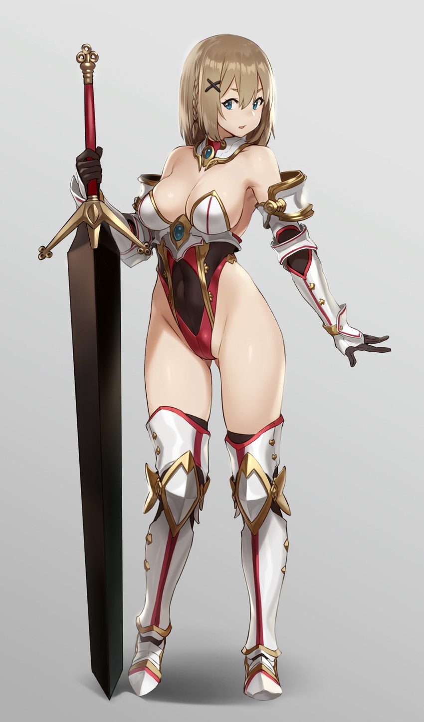 bare shoulders, blue eyes, breasts, brown hair, cleavage, female, female only, gloves, hair ornament, houtengeki, large breasts, leotard, original, simple background, solo, standing, thighhighs, weapon