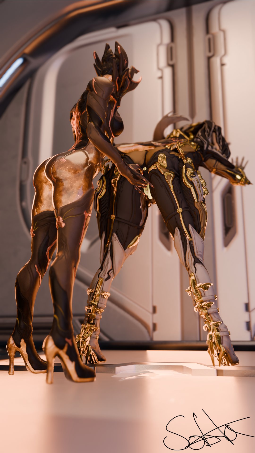 2girls, anus, ass, bending over, bent over, big ass, breasts, ember (warframe), ember heirloom (warframe), fingering, fingering pussy, from behind, high heels, huge ass, latex, mesa (warframe), mesa prime (warframe), pussy, pussy juice, pussy juice drip, stockings, tagme, warframe, warframe (species)