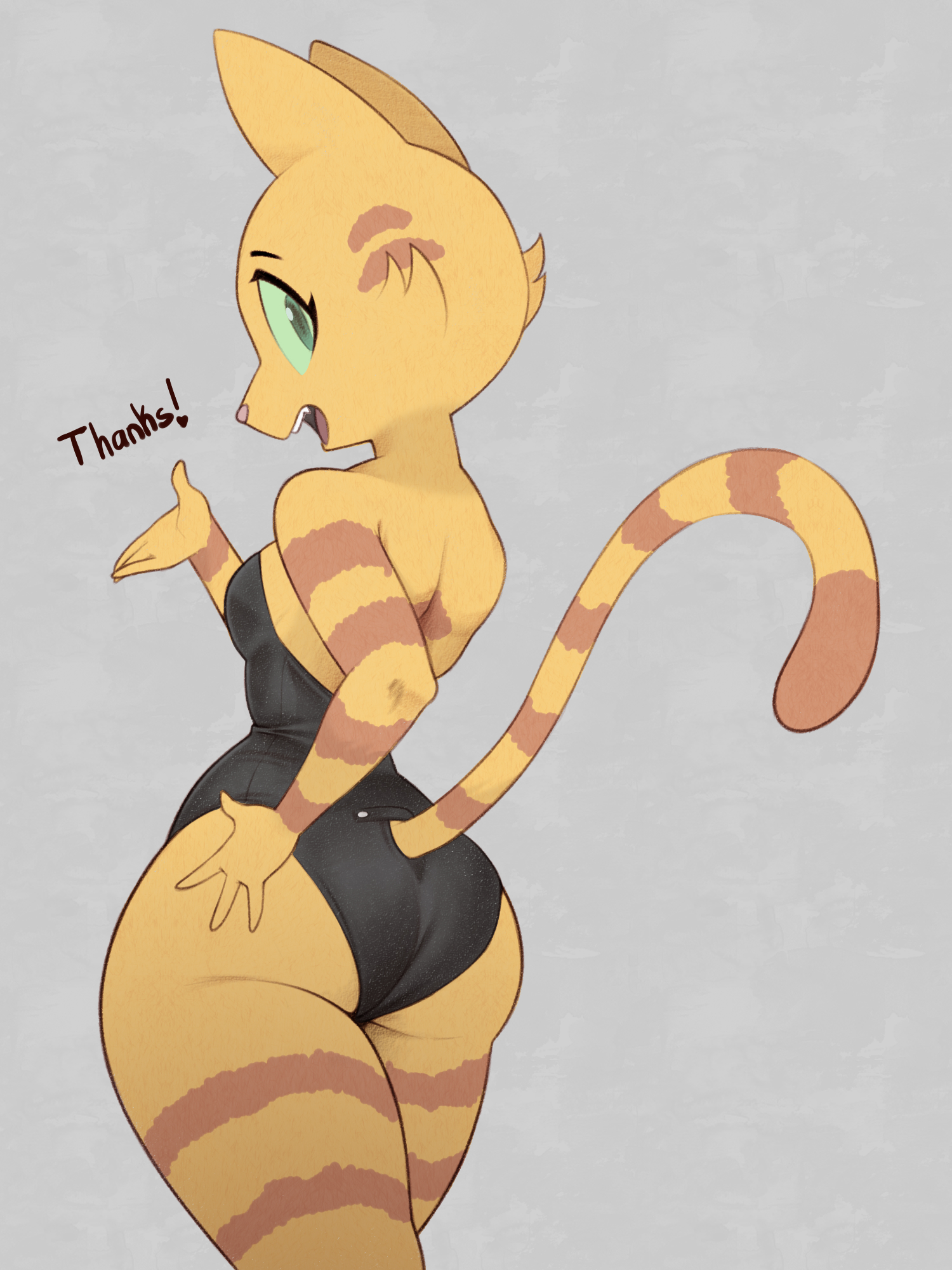 1girls, 2026, 3:4, 4 fingers, alternate costume, anthro, ass, bare shoulders, bent arm, big ass, big butt, big ears, big eyes, biped, black clothing, black eyebrows, black leotard, breasts, butt, cheek tuft, clothed, clothed anthro, clothed female, clothing, curved tail, cutegraphite, digital drawing (artwork), digital media (artwork), domestic cat, english text, eyebrows, eyelashes, facial tuft, fangs, felid, feline, felis, female, female only, fingers, fran (litterbox comics), fur, fur tuft, glistening, glistening eyes, green eyes, green sclera, grey background, hand on ass, hand on butt, hand on hip, hand on own ass, hand on own butt, hand on own hip, hi res, humanoid hands, iris, leotard, light body, light fur, light markings, litterbox comics, long tail, looking at viewer, looking back, looking back at viewer, mammal, markings, mature, mature anthro, mature female, mature woman, medium breasts, milf, open mouth, open smile, orange body, orange breasts, orange ears, orange fur, orange markings, orange stripes, orange tail, pink nose, pink tongue, pointy ears, portrait, pose, prick ears, pupils, simple background, smile, smiling at viewer, snout, solo, solo female, standing, striped arms, striped body, striped fur, striped head, striped legs, striped markings, striped tail, stripes, tabby cat, tail, tail markings, teeth, text, textured background, thick thighs, three-quarter portrait, three-quarter view, tongue, tuft, webcomic