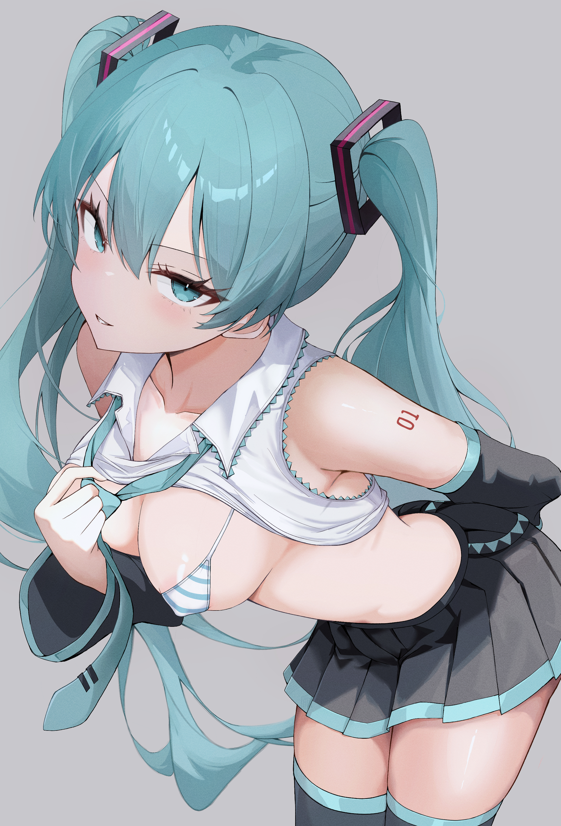 1girl, absurdres, alternate breast size (larger), aqua eyes, aqua hair, aqua necktie, aqua trim, areola slip, arm behind back, bare shoulders, bikini, black boots, black skirt, black sleeves, boots, breasts, collarbone, collared shirt, commentary request, covered nipples, detached sleeves, double-parted bangs, doyagao, eikawa suru, grey background, hair between eyes, hatsune miku, highres, large breasts, leaning forward, long hair, looking at viewer, micro bikini, miniskirt, necktie, number tattoo, pleated skirt, shirt, shoulder tattoo, simple background, skirt, sleeveless, sleeveless shirt, smug, solo, striped bikini, striped clothes, swimsuit, tattoo, thigh boots, twintails, very long hair, vocaloid, white shirt