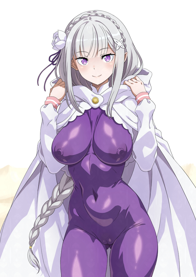 1girls, belly, braided hair, breasts apart, cameltoe, elf, elf ears, elf female, emilia (re:zero), hips, jumpsuit, large breasts, looking at viewer, nipples visible through clothing, purple eyes, re:zero kara hajimeru isekai seikatsu, silver hair, skin tight suit, solo, standing, syunzou, thick thighs, tight clothing, white background, white cloak