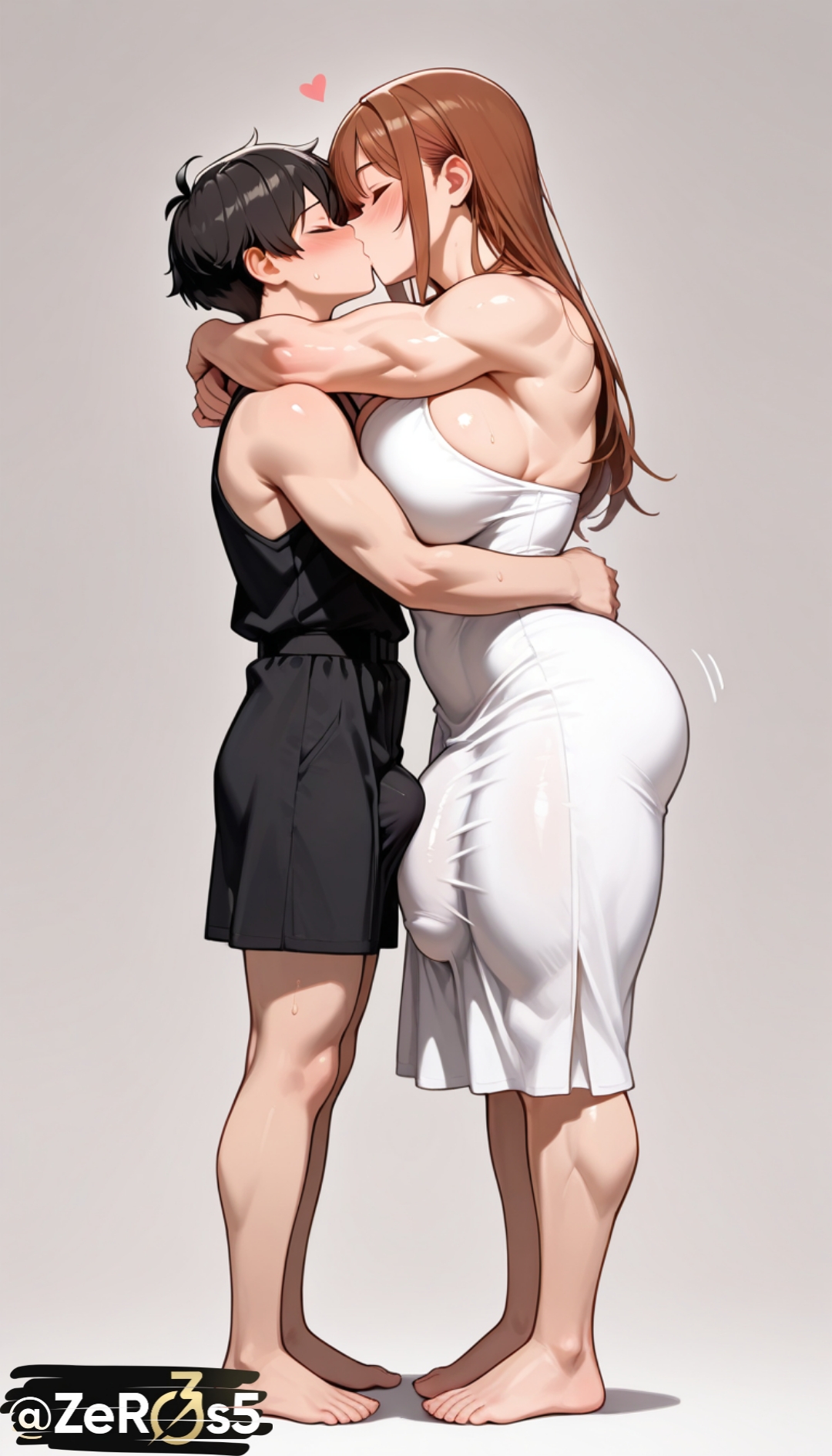 1futa, ai generated, big balls, big breasts, big penis, bulge, bulge through clothing, flaccid, flaccid penis, futa on male, futa with male, futanari, huge cock, hyper genitalia, kissing, large penis, muscular futa, penis size difference, saggy balls, side view, size difference, thick thighs, tight clothing, visible