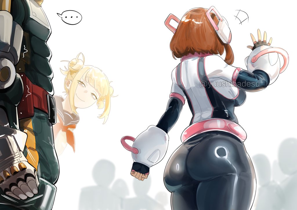 1boy, 2girls, ass, big ass, bodysuit, boku no hero academia, boku no hero academia (finale), breasts, bulge, deku, female, female focus, female thick thighs, hero outfit (mha), himiko toga, izuku midoriya, large ass, light skin, light-skinned female, midoriya izuku, my hero academia, my hero academia (finale), ochako uraraka, post-timeskip, thick thighs, thighs, toga himiko, uraraka ochaco, uraraka ochako, yuushiba