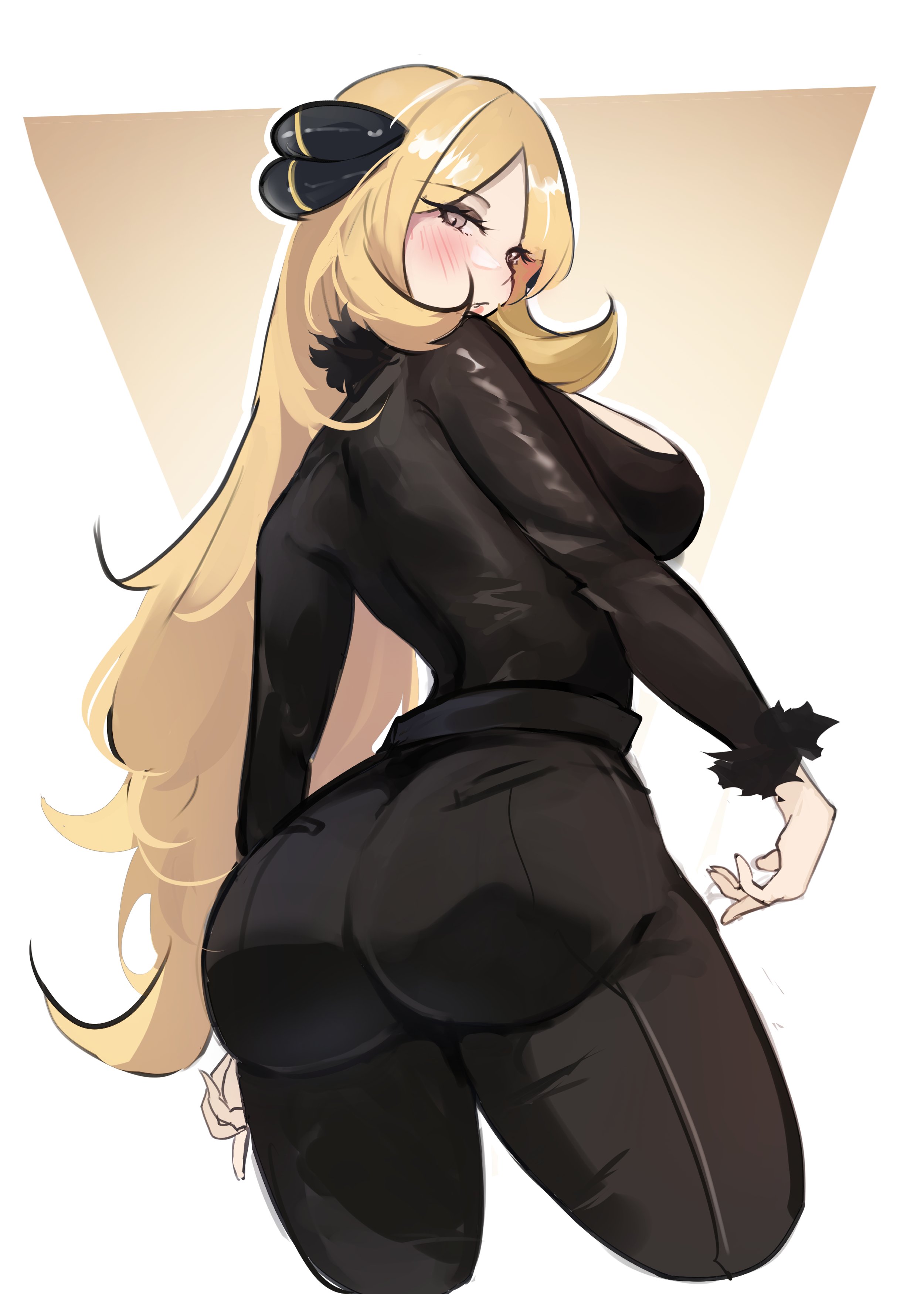 1girls, 2d, 2d (artwork), ass, blonde hair, breasts, bubble butt, clothed, clothed female, cynthia (pokemon), female, female focus, female only, fully clothed, human, human only, large ass, large breasts, layton (sanlayton), light skin, light-skinned female, long hair, looking at viewer, looking back, nintendo, pawg, pokemon, questionable, solo, solo female, thick thighs, thighs, very long hair, wide hips
