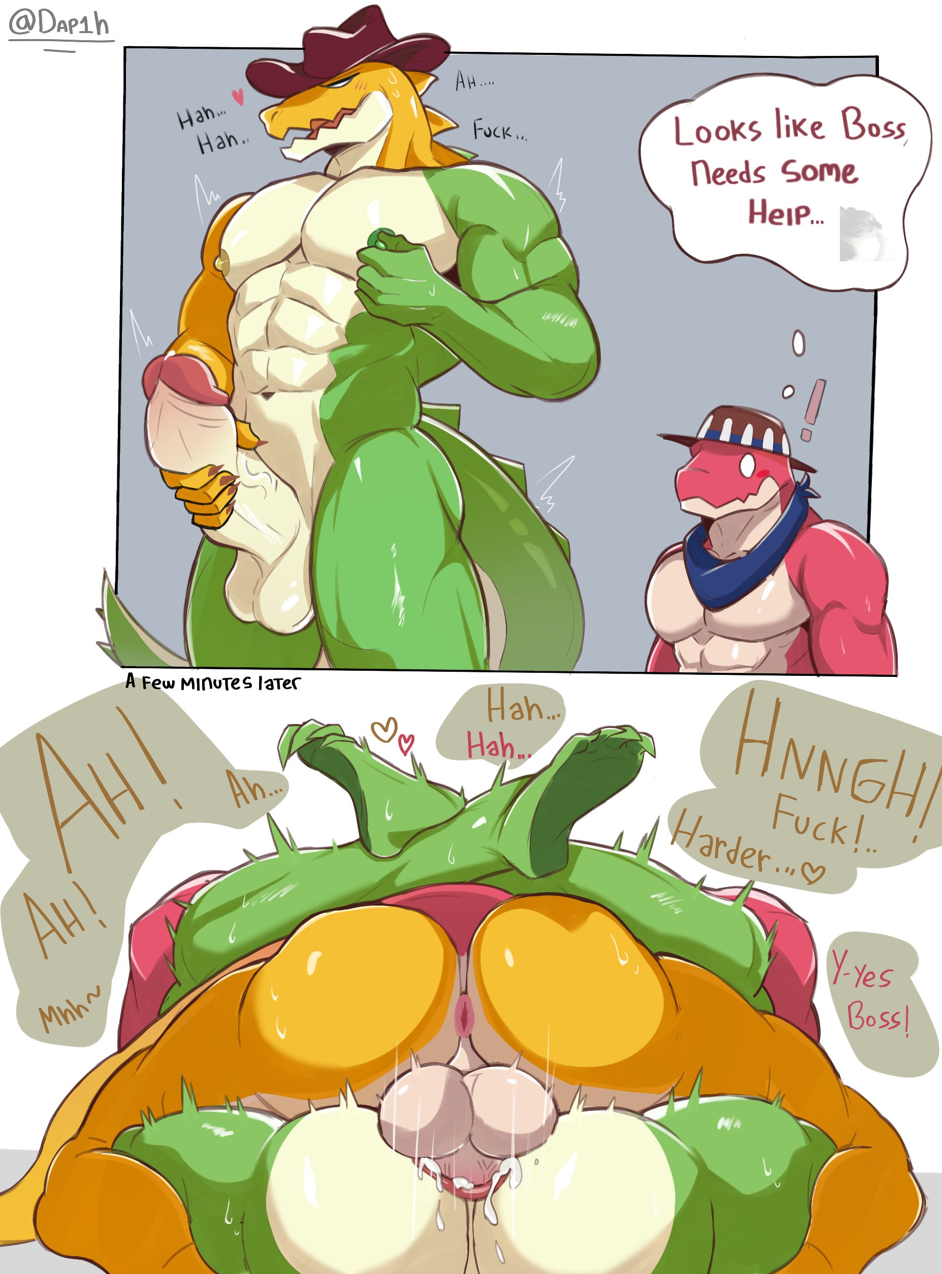 2boys, alligator, anal, anal penetration, anal sex, anthro, anthro on anthro, anus, ass, bara, big ass, butt, crocodilian, dap1h, dialogue, dominant, dominant male, domination, duo, duo focus, duo male, english text, furry, furry only, gator, gay, gay anal, gay domination, gay male, gay sex, gummigoo (the amazing digital circus), handjob, hat, legs lock, male, male only, male/male, masturbation, mating press, missionary, missionary position, moaning, muscular, muscular male, nipples, nude, pecs, penetration, sex, size difference, small dom big sub, smaller male, spread legs, standing, text, the amazing digital circus, yaoi
