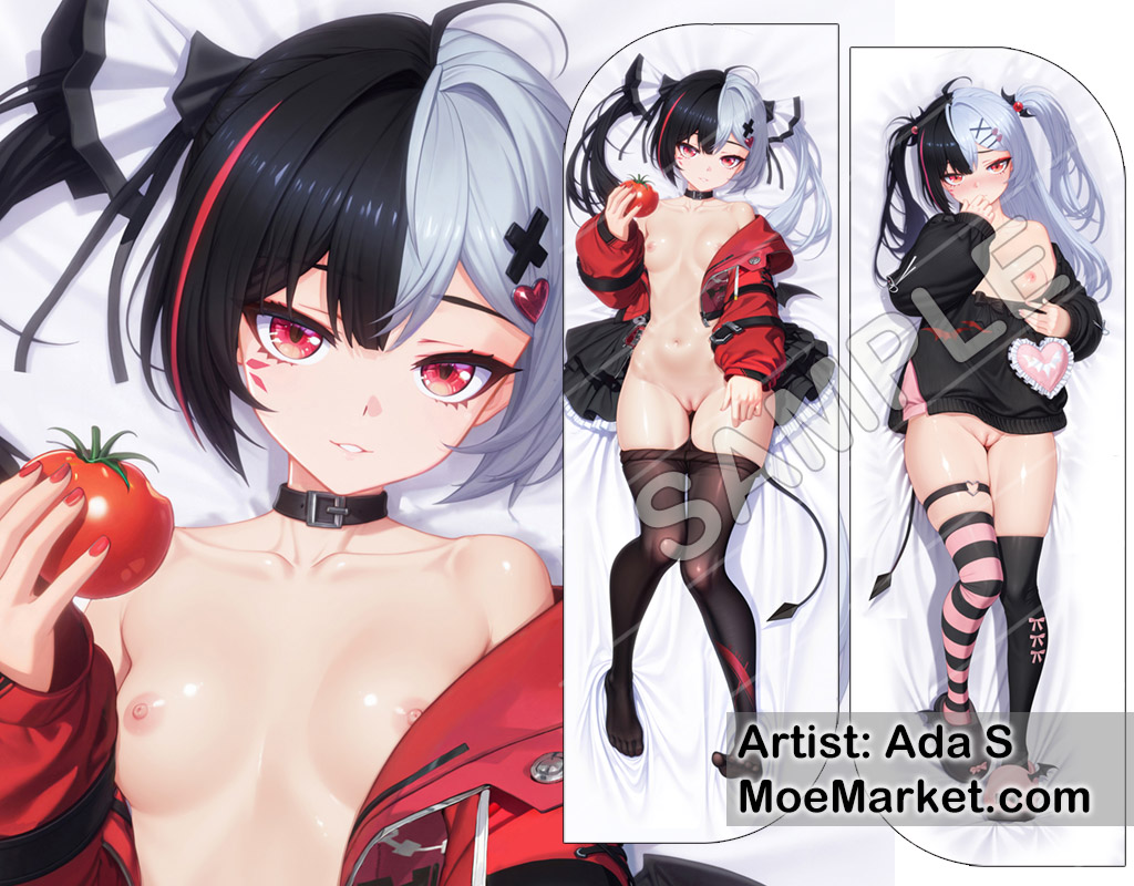 1girls, black pantyhose, breasts, dakimakura, dakimakura design, female, female only, lacrimosa (neverness to everness), long hair, looking at viewer, moemarket, multicolored hair, navel, neverness to everness, nipples, pussy, red eyes, red jacket, small breasts, solo, twintails, uncensored