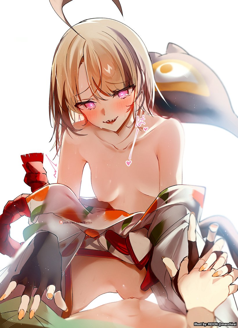 2girls, ahoge, artist name, artist request, autofister, bare breasts, bare shoulders, barely clothed, blushing, cecilia immergreen, clavicle, female, female only, gigi murin, gigi murin (new year), heart, heart-shaped pupils, holding hands, hololive, hololive english, hololive english -justice-, joints, orange nails, patreon username, pink eyes, rubbing pussy, small breasts, source request, straddling, sweat, tagme, tail, tribadism, virtual youtuber, white background, yuri