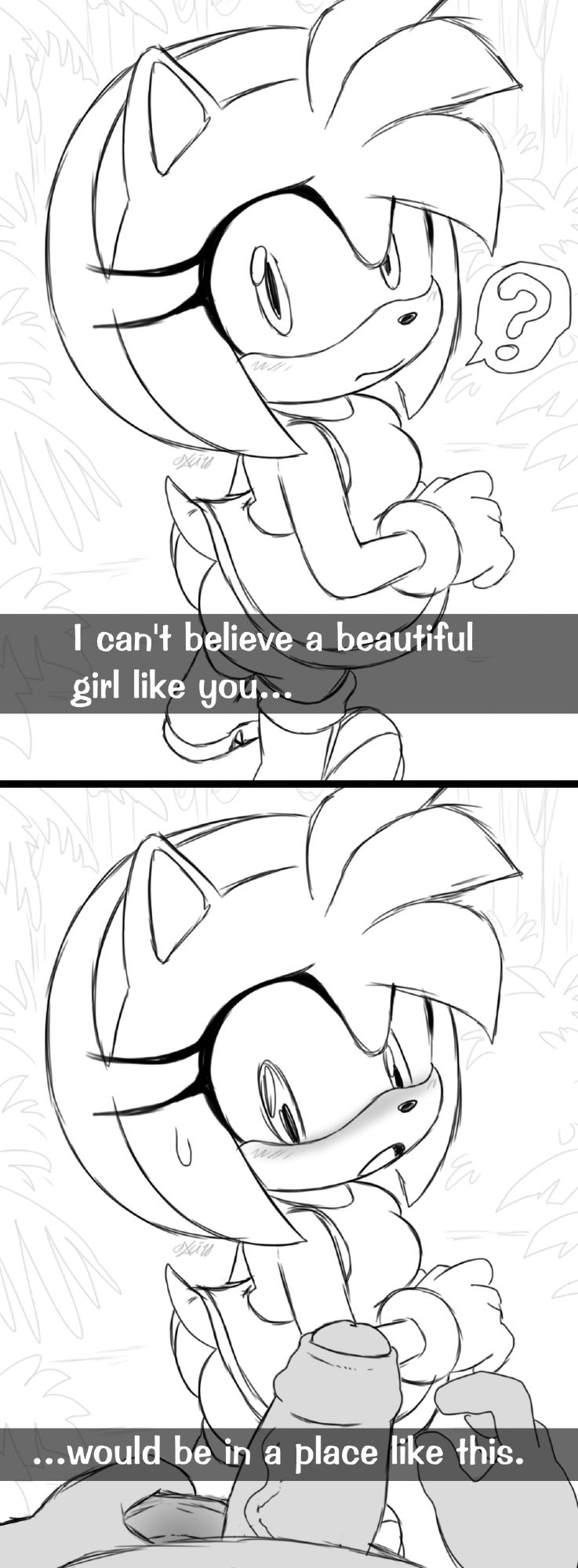amy rose, ass, dress, excito, flashing penis, foreskin, furry, furry female, imminent rape, male, penis, pov, question mark, sonic (series), sonic the hedgehog (series)