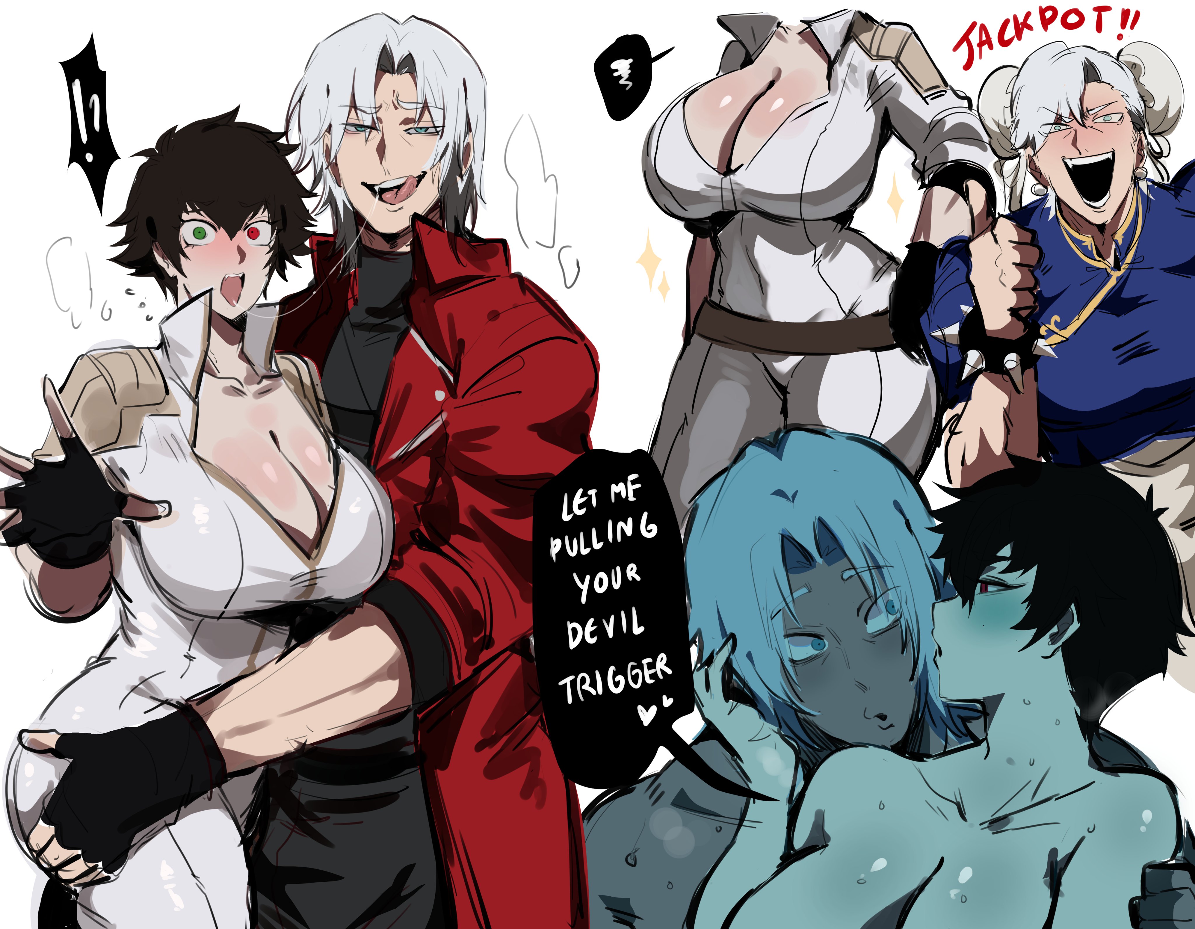 1boy1girl, 2026, 2d, 2d (artwork), big breasts, black hair, blue eyes, blush, boobs, breasts, capcom, clothed, clothing, color, colored, cosplay, dante (devil may cry), dante (netflix), devil may cry (netflix), devil may cry (series), digital media (artwork), english, english text, female, flushed, flushed face, flustered, fully clothed, hair, heterochromia, hi res, kurenaiz1, lady (devil may cry:netflix), lady (devil may cry), light skin, light-skinned female, looking at viewer, male, male/female, mouth open, nude, open mouth, red eyes, short hair, simple background, sweat, sweatdrop, text, thick thighs, thighs, tits, tongue, white background, white hair