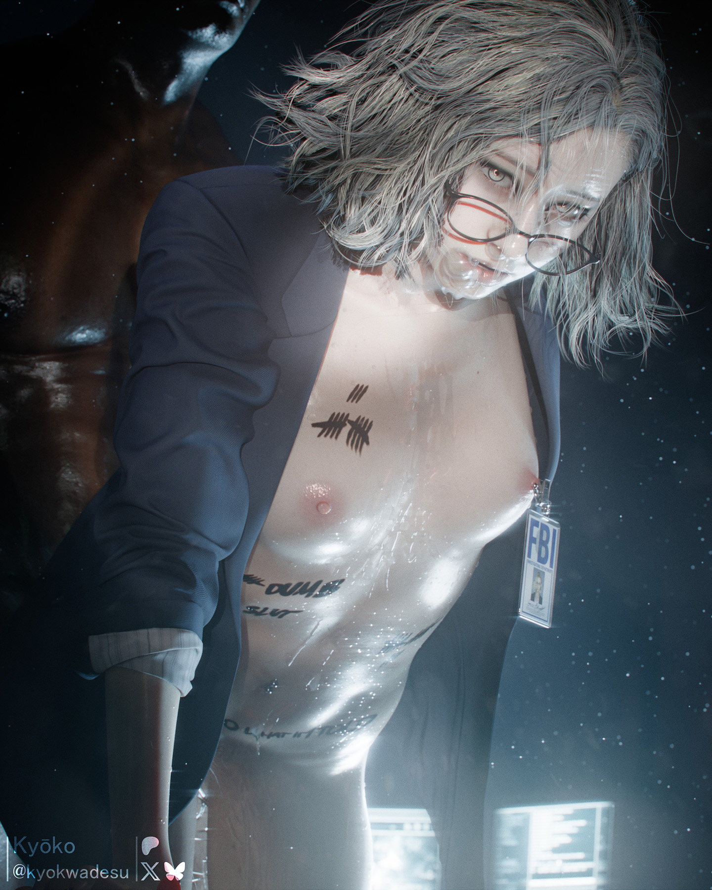1boy, 1girls, 2026, 3d, ambiguous penetration, areolae, bending over, bent over, bent over desk, blonde hair, body markings, body writing, breasts, completely nude, cum, cum between legs, cum bubble, cum covered, cum in mouth, cum inside, cum on belly, cum on body, cum on breasts, cum on face, cum on hair, dark-skinned male, duo, dust particles, eyeglasses, eyewear, fbi badge, female, functionally nude, glasses askew, glasses on nose, grace ashcroft, indoors, interracial, kyokwadesu, looking at viewer, mascara, mascara tears, medium breasts, megane, nipple piercing, nipple tag, nipples, nose bubble, nude, nude female, nude male, pierced nipples, platinum blonde hair, resident evil, resident evil 9: requiem, sex from behind, skin tone difference, standing, straight, straight sex, taken from behind, tally marks, wide hips, yellow eyes