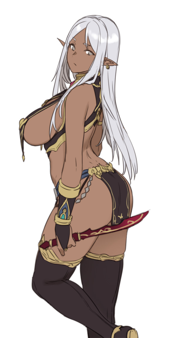 1girls, ass, bare shoulders, breast curtains, breasts, dark elf, dark skin, dark-skinned female, earrings, elf, female, female only, gloves, grey eyes, grey hair, houtengeki, jewelry, large breasts, long hair, looking at viewer, original, pointy ears, revealing clothes, sideboob, silver hair, simple background, skimpy, sword, thighhighs, weapon, white background, white hair