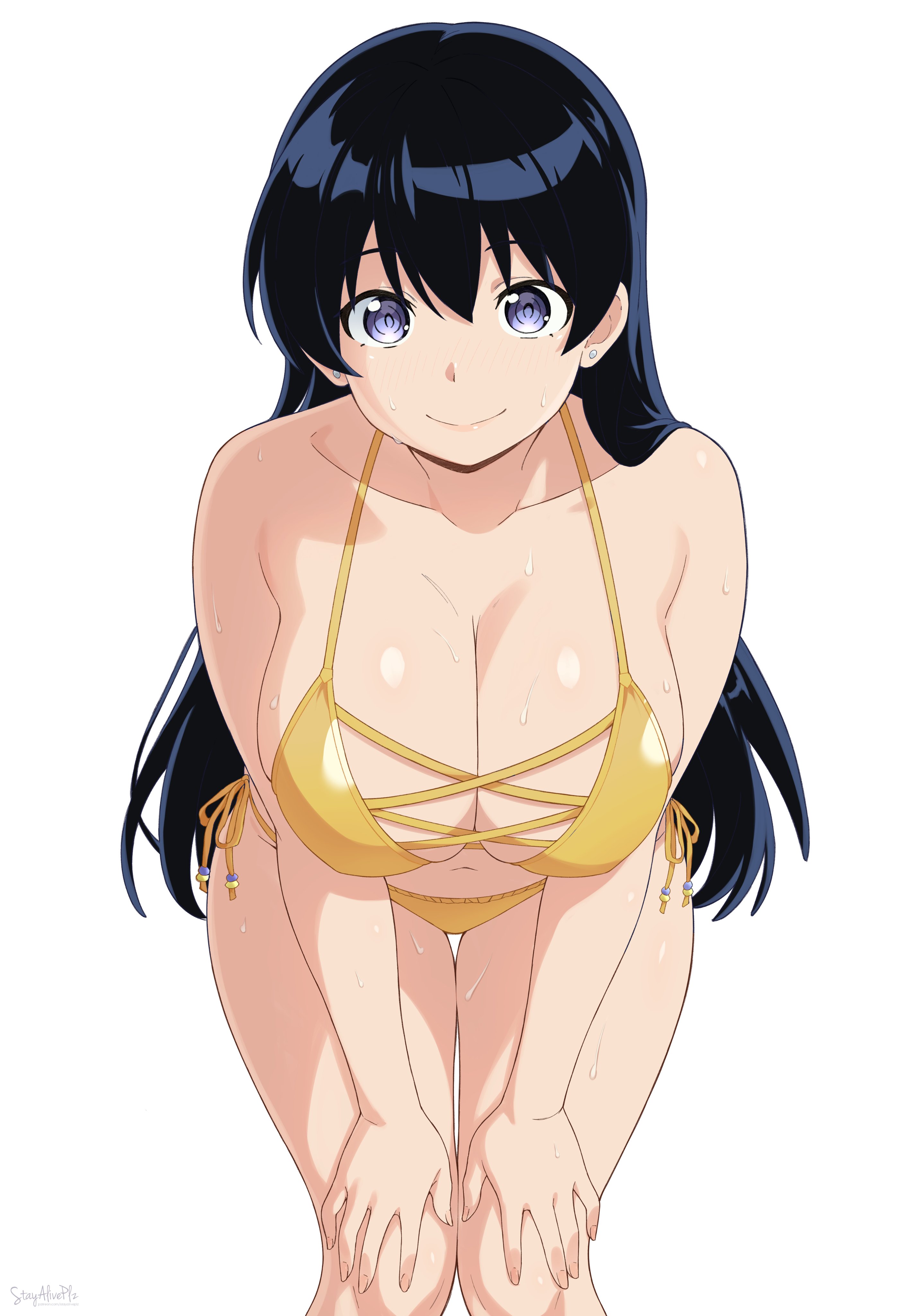 1girls, absurdres, arato nagi, armpit crease, bangs, bare shoulders, bending forward, bending over, bent forward, bent over, bikini, black hair, blue bikini, blue eyes, blush, bow, bow bikini, breasts, cleavage, commentary, commission, cute, ear piercing, ear ring, earrings, english commentary, female, female focus, female only, front view, gold bikini, grey background, hands on own legs, highres, huge breasts, jewelry, large breasts, leaning forward, legs, long black hair, long hair, looking at viewer, mixed-language commentary, navel, pixiv commission, ruri no houseki, side-tie bikini bottom, simple background, smiling, smiling at viewer, solo, solo female, solo focus, stayaliveplz, sweat, sweatdrop, sweating, sweaty, sweaty body, swimsuit, thick thighs, thighs, wet, white background
