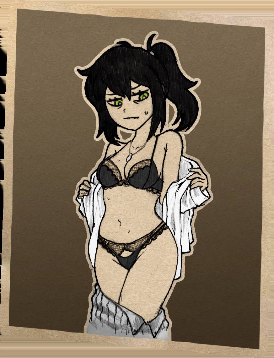 1girls, black bra, black panties, bra, cleavage, clothing, drawfag, female, legs together, lingerie, long hair, matching underwear, milf, navel, necklace, panties, pants down, ponytail, renee graves, solo, sweat, sweating, the coffin of andy and leyley, underwear, undressing