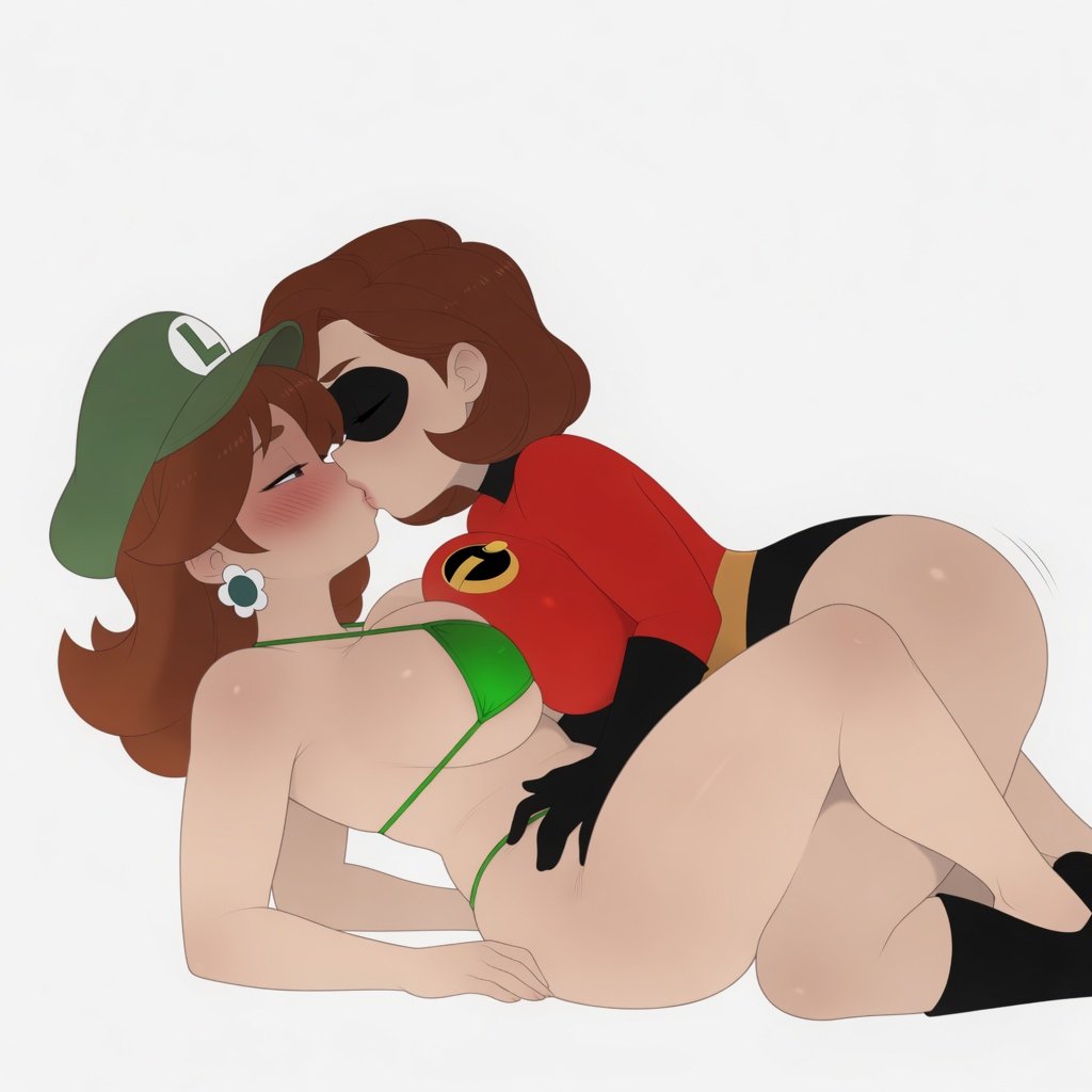 2026, 2girls, big ass, big breasts, bikini, black gloves, blush, blush lines, breasts, brown hair, cheating, cheating wife, closed eyes, clothed, clothed female, crossover, domino mask, duo, earrings, elastigirl, female, female only, flower earrings, gloves, godilovebutts, green bikini, green swimsuit, half-closed eyes, hat, helen parr, human, human on human, human only, kissing, leotard, lesbian, light skin, light-skinned female, long hair, luigi (cosplay), luigi hat, mario (series), mask, nintendo, pixar, princess daisy, short hair, superheroine, swimsuit, the incredibles, thighs, white background, yuri