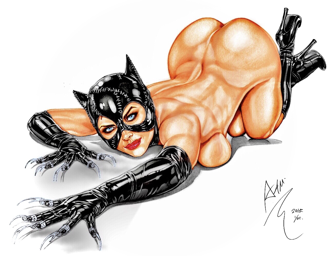 1girls, actress, all fours, animal ears, armando huerta, artist name, ass, bare shoulders, batman (series), batman returns, blue eyes, boots, breasts, cap, cat ears, catwoman, catwoman (michelle pfeiffer), celebrity, claws, dc, dc comics, dc extended universe, edited, eyelashes, fake animal ears, female, female only, gauntlets, gloves, high heel boots, high heels, hips, kneeling, large breasts, legs, lips, looking at viewer, mask, michelle pfeiffer, naked footwear, selina kyle, shoes, sideboob, signature, solo, tagme, thigh boots, thighs, tim burton, topless