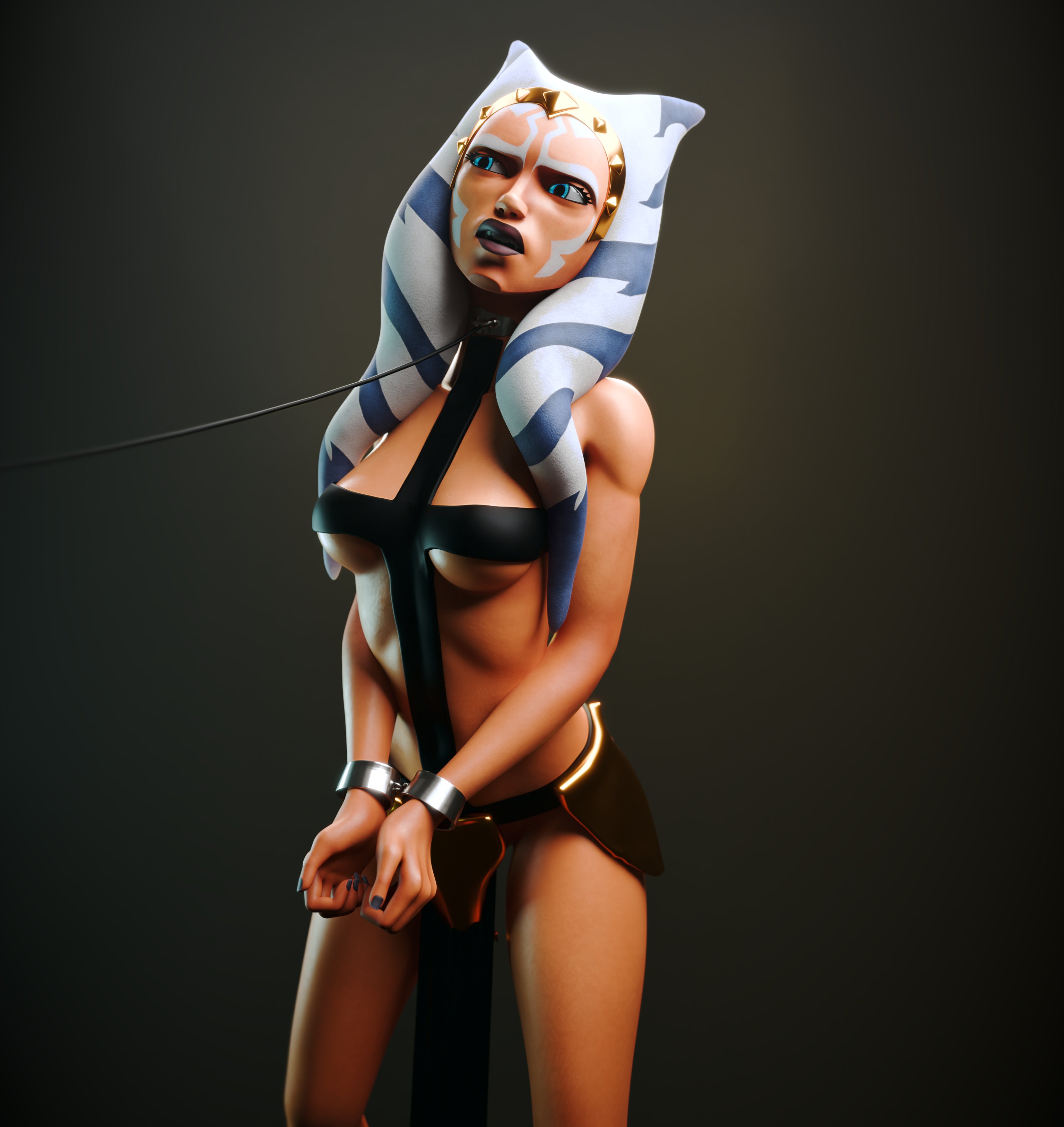 1girls, 3d, 3d (artwork), abs, ahsoka tano, airress3d (3d-modeller), alien, alien girl, alien humanoid, athletic, athletic female, blender, blue eyes, breasts, cleavage, clone wars, clothed, clothing, face markings, facial markings, female, female focus, female only, handcuffed, handcuffs, leash, leash and collar, lekku, lekku (anatomy), light blue eyes, loincloth, lucasfilm, lydas3d, medium breasts, orange body, orange skin, orange-skinned female, partially clothed, pose, posing, simple background, slave ahsoka, slave outfit, slaves of the republic, standing, star wars, star wars: the clone wars (comic), togruta, underboob