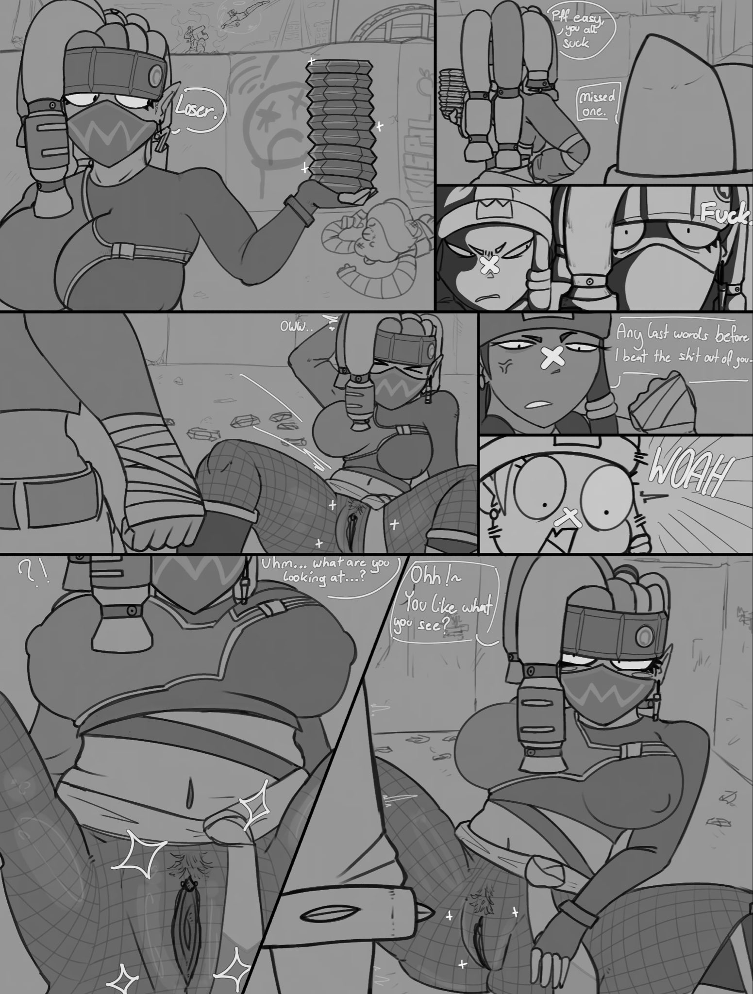 1futa, 1girls, 2026, anger vein, ass, belly button, big breasts, braided hair, brawl stars, breasts, clitoris piercing, comic page, crop top, dark skin, dark-skinned futa, detailed background, dialogue, duo, ear piercing, earrings, edgar (brawl stars), emz (brawl stars), english text, female, futa on female, futa with female, futanari, genitals, imminent sex, implied futa, kaspadoo (artist), labia, looking at partner, masked female, mina (brawl stars), no panties, pierced genitals, piercing, pussy, pussy piercing, shorts, standing, streetwear emz (brawl stars), surprised, text bubble, tied up, vagina, visible pussy