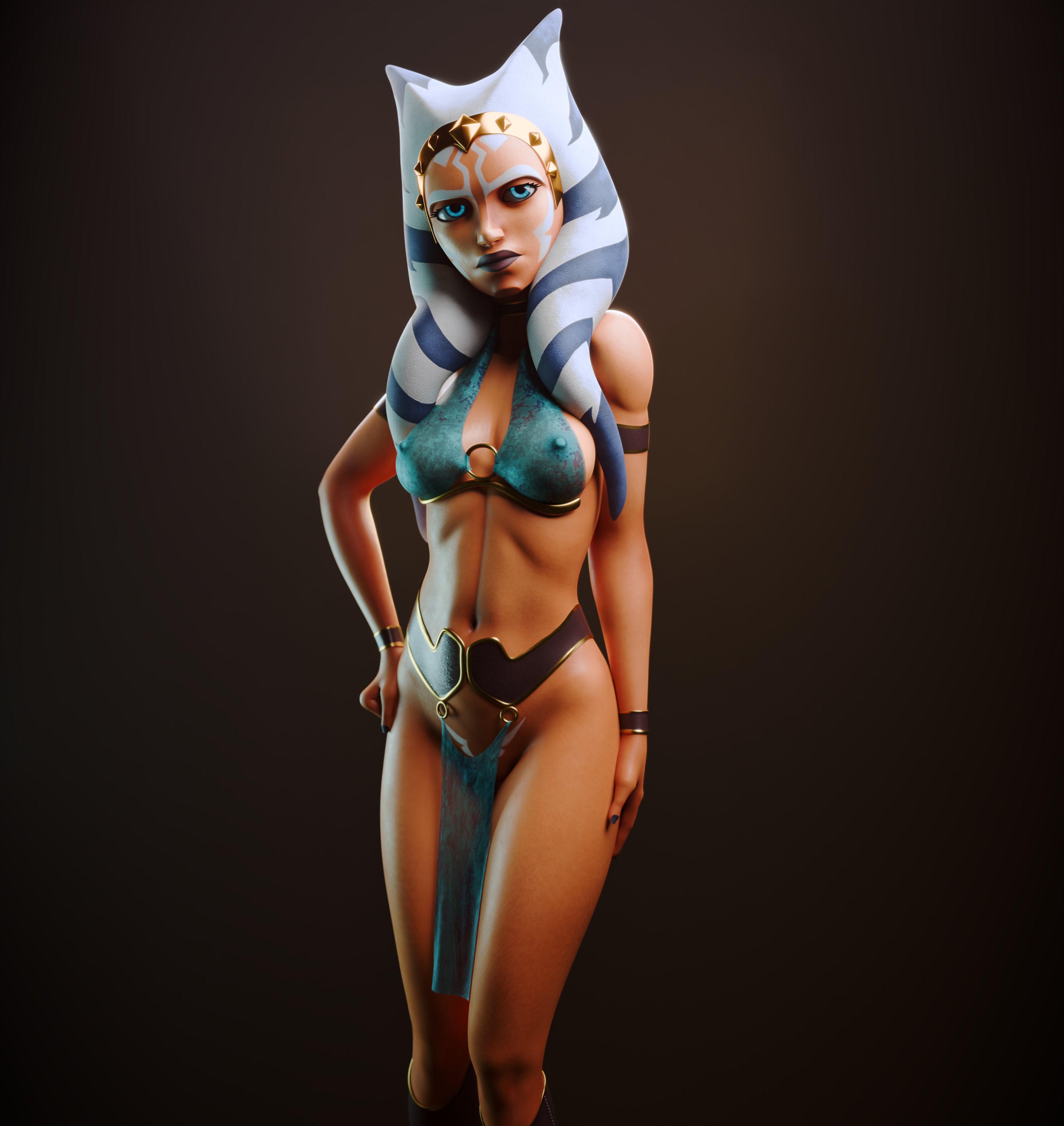 1girls, 3d, 3d (artwork), abs, ahsoka tano, airress3d (3d-modeller), alien, alien girl, alien humanoid, athletic, athletic female, bikini, bikini top, blender, blue eyes, bra, breasts, cleavage, clone wars, clothed, clothing, erect nipples under clothes, face markings, facial markings, female, female focus, female only, lekku, lekku (anatomy), light blue eyes, loincloth, looking at viewer, lucasfilm, lydas3d, medium breasts, nipples visible through clothing, no panties, orange body, orange skin, orange-skinned female, partially clothed, pose, posing, simple background, slave bikini, slave outfit, standing, star wars, togruta, underboob
