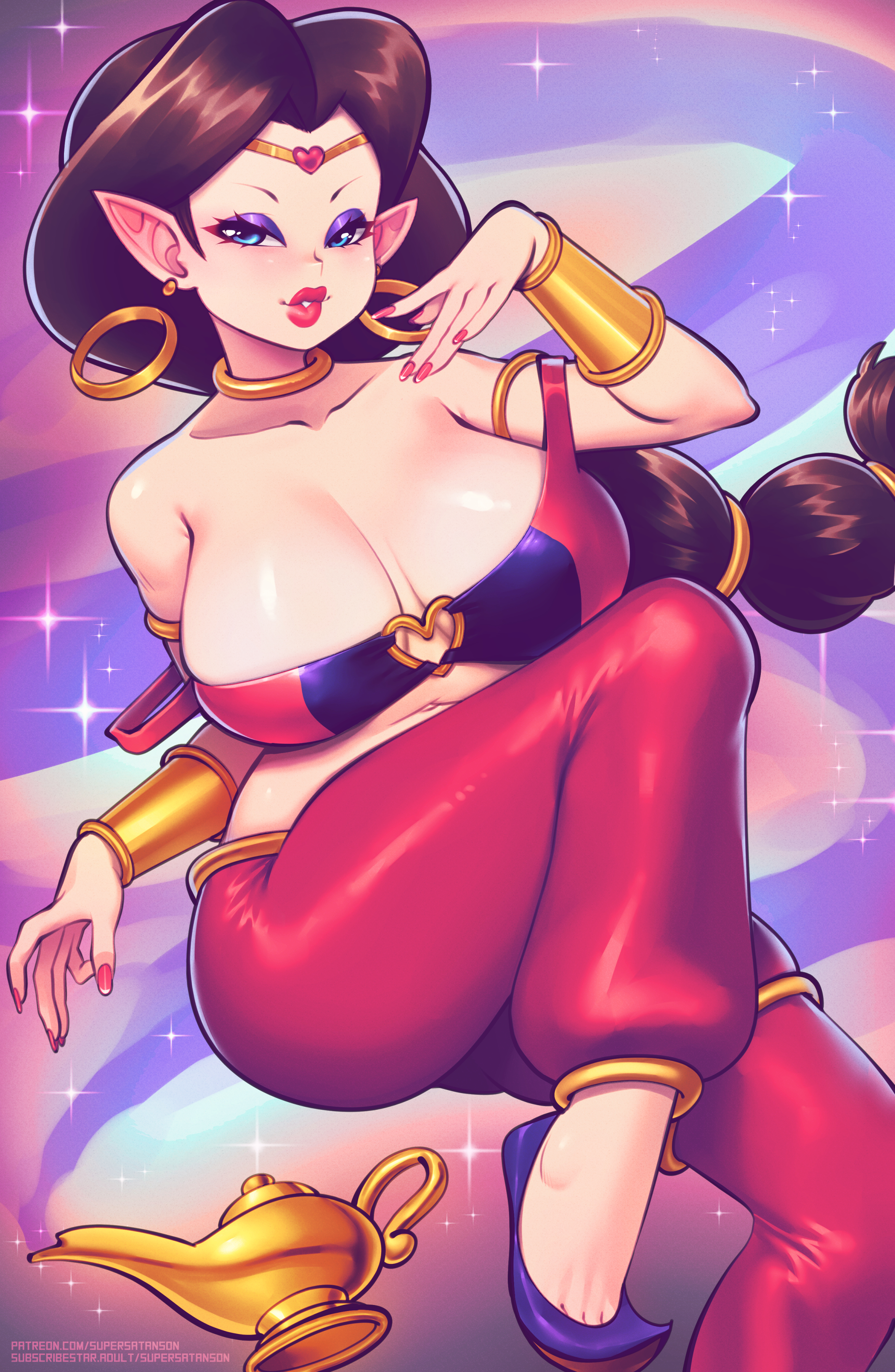 1girls, arm strap, armwear, bandeau, big breasts, blue eyes, bottomwear, braid, braided hair, breasts, brown hair, cosplay, crossover cosplay, detached sleeves, ear piercing, earrings, eyeshadow, female, female only, footwear, genie lamp, hair, hoop earrings, huge breasts, jewelry, lamp, lips, lipstick, mario (series), nail polish, nails, nintendo, pants, parted lips, pauline, pointy ears, purple eyeshadow, red lips, red lipstick, red nail polish, red nails, red pants, sandals, shantae, shantae (cosplay), smile, solo, solo female, sparkles, supersatanson, thick lips, thigh strap, topwear, tubetop