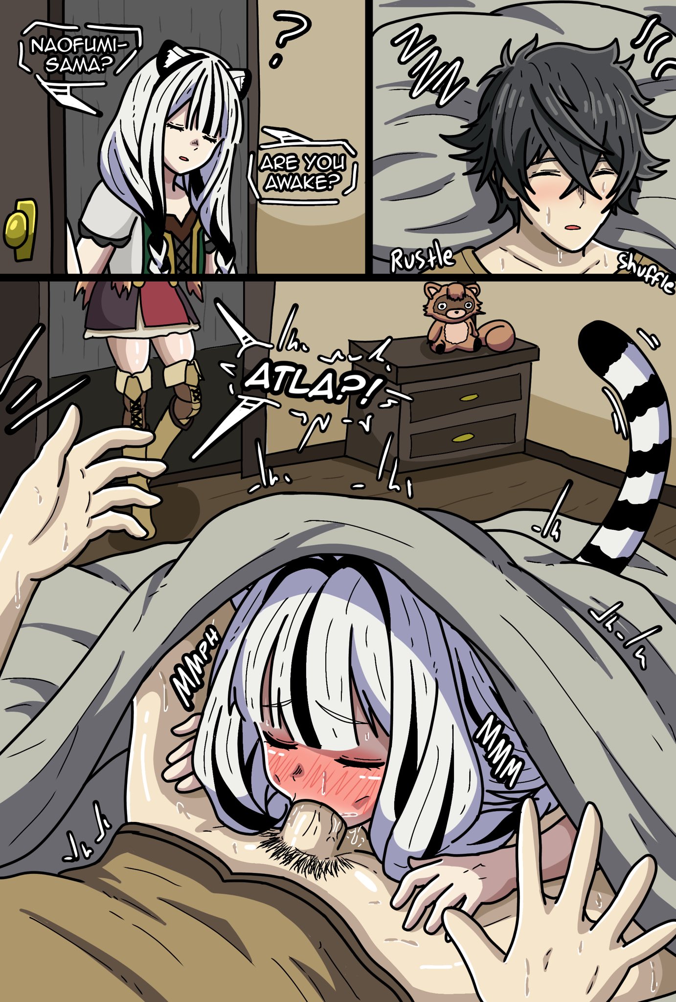 1boy, 2girls, apoelayoshi7, atla fayon, black hair, black hair male, black pubic hair, blanket, blowjob, blush, blushed face, blushing female, bottomless, bottomless male, closed eyes, cock, dick, english text, eyebrows visible through hair, eyes closed, fellatio, female, genitals, hair between eyes, iwatani naofumi, male pubic hair, penis, pubic hair, raph-chan, raphtalia, striped tail, tail, tate no yuusha no nariagari, text, the rising of the shield hero, under blanket, woman, young