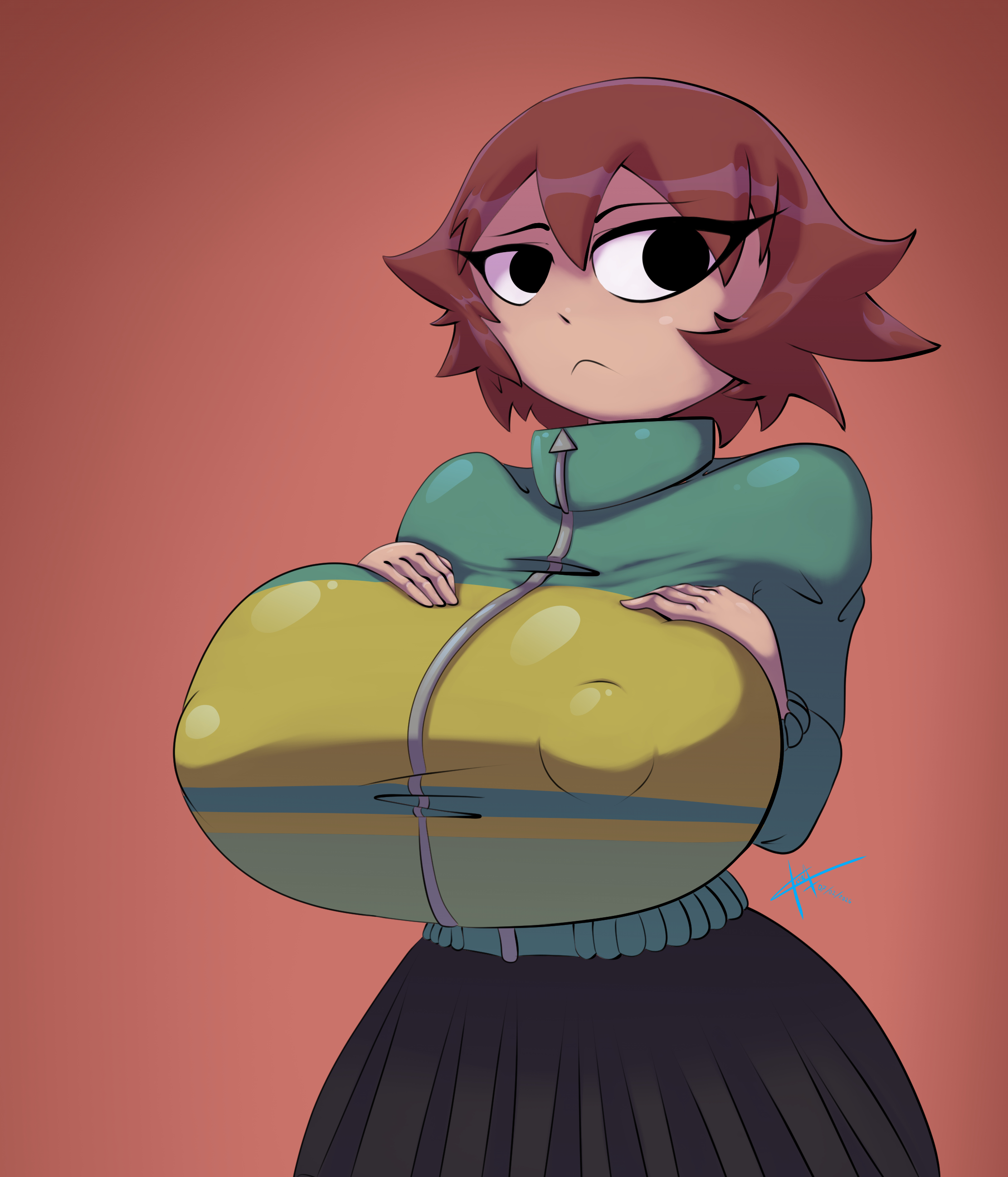 1girls, alternate version available, auburn hair, big breasts, black eyes, black skirt, bottomwear, breast focus, breasts, clothing, female, female only, green jacket, hair, huge breasts, jacket, kim pine, kimerax, large breasts, nipple bulge, red hair, scott pilgrim, short hair, skirt, solo, solo female, topwear, upper body, upper body focus