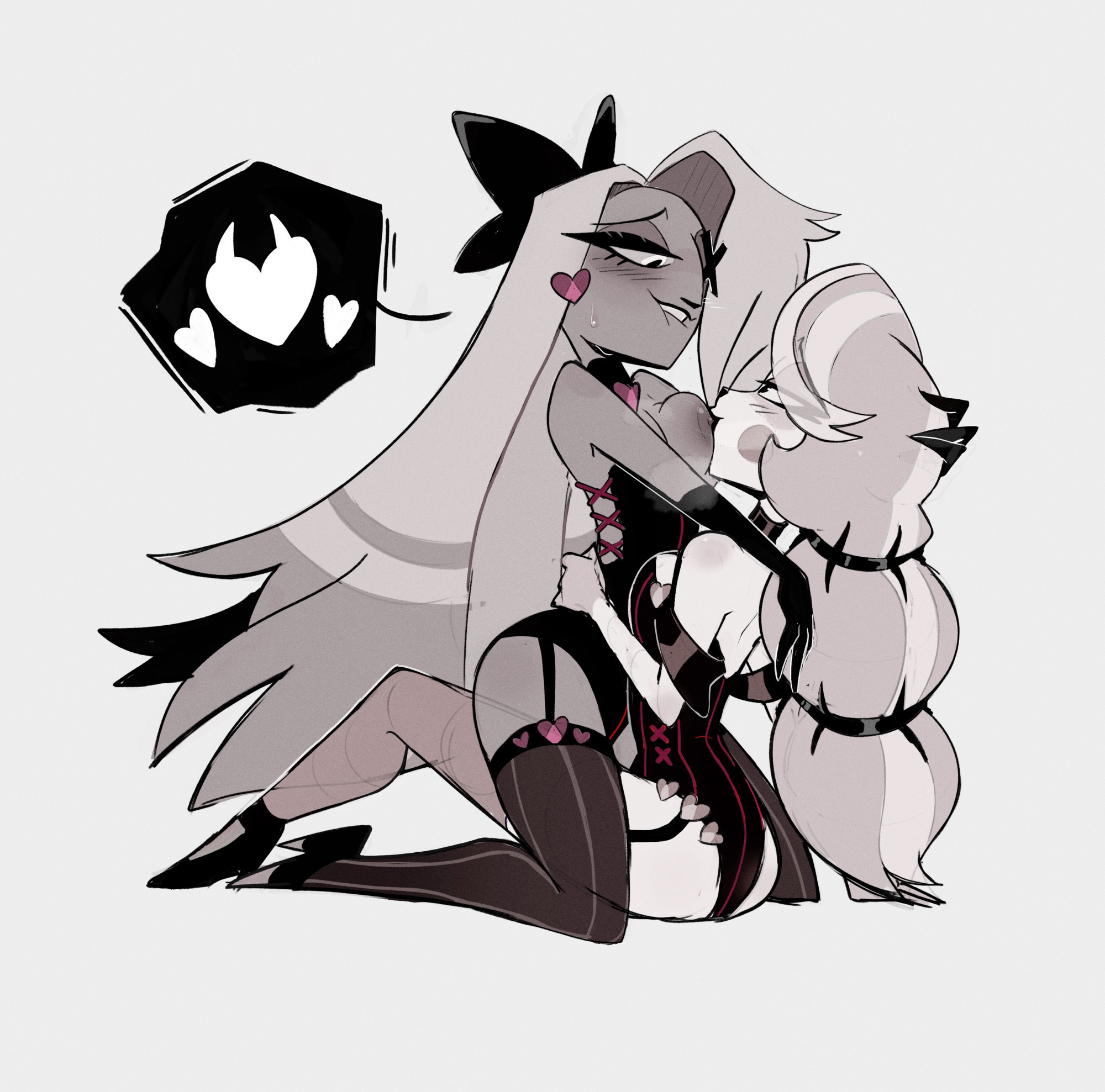2girls, big breasts, biting lip, black legwear, blush, blush lines, bow, breasts, charlie morningstar (hazbin hotel), craxkers, dark skin, dark-skinned female, grey background, hazbin hotel, heart, heels, legs, legwear, light skin, light-skinned female, lingerie, long hair, looking at another, looking at partner, looking down, looking up, nipples, simple background, sucking, sucking nipples, thick thighs, thighs, vaggie (hazbin hotel), yuri