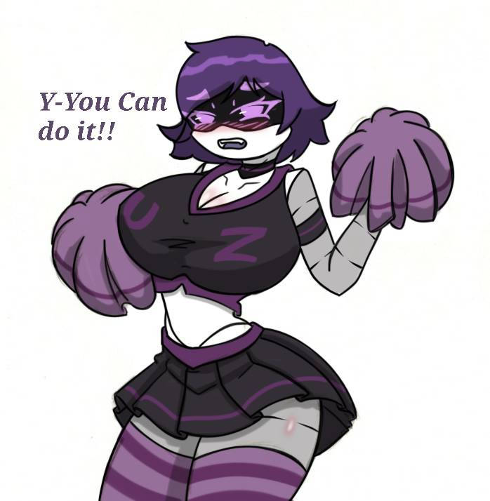 1girls blushing breasts cheerleader_uniform female_focus female_only murder_drones pace-maker purple_eyes purple_hair thick_thighs uzi_(murder_drones) white_background