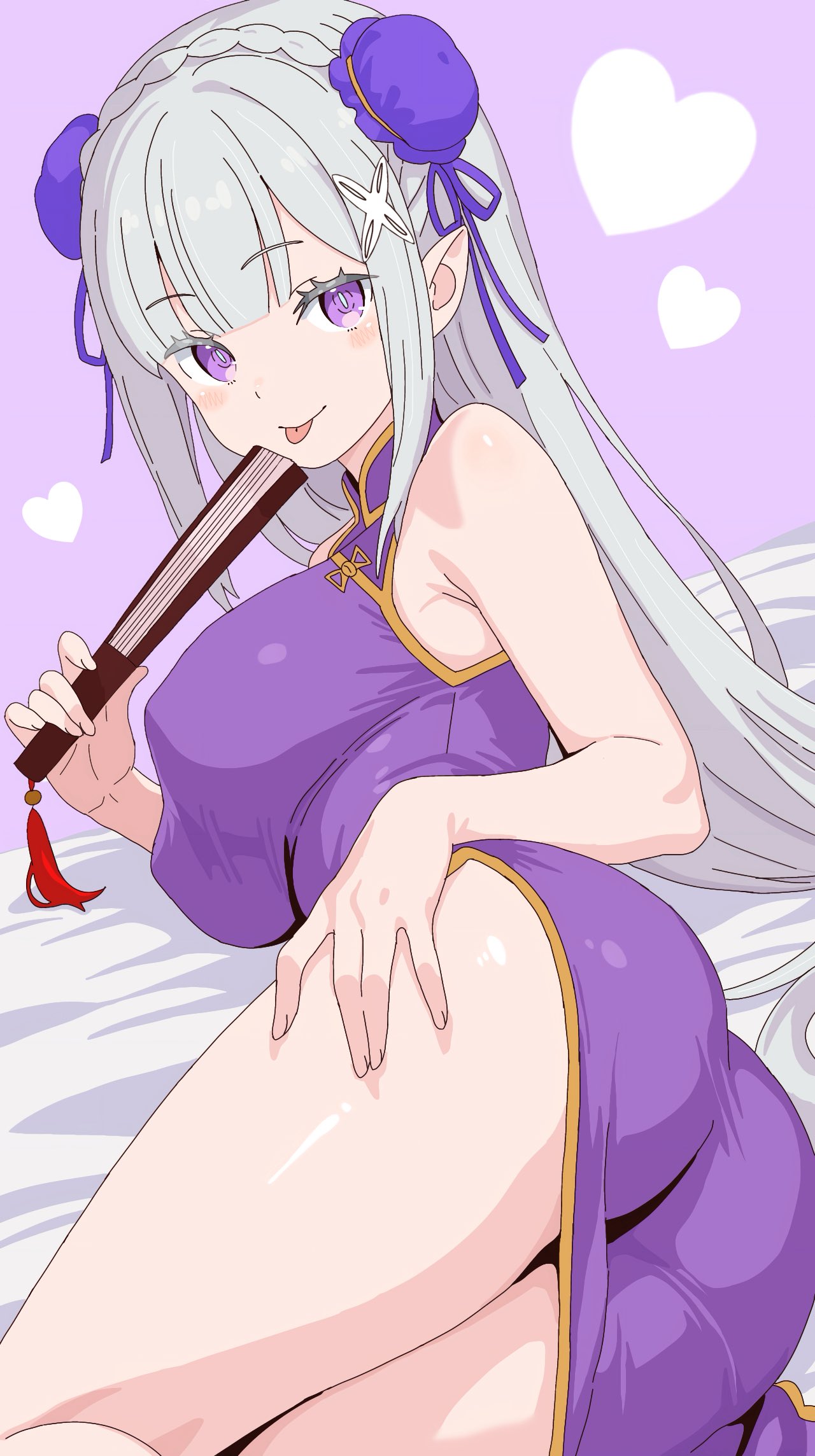 1girls, armpits, ass, boobs, breasts, bun cover, butt, chinese clothes, chinese dress, elf, elf ears, elf female, emilia (re:zero), looking at viewer, looking back, low-angle view, lying on side, nipple bulge, on bed, purple eyes, re:zero kara hajimeru isekai seikatsu, sideboob, silver hair, solo, thick thighs, thigh grab, tongue out, underboob