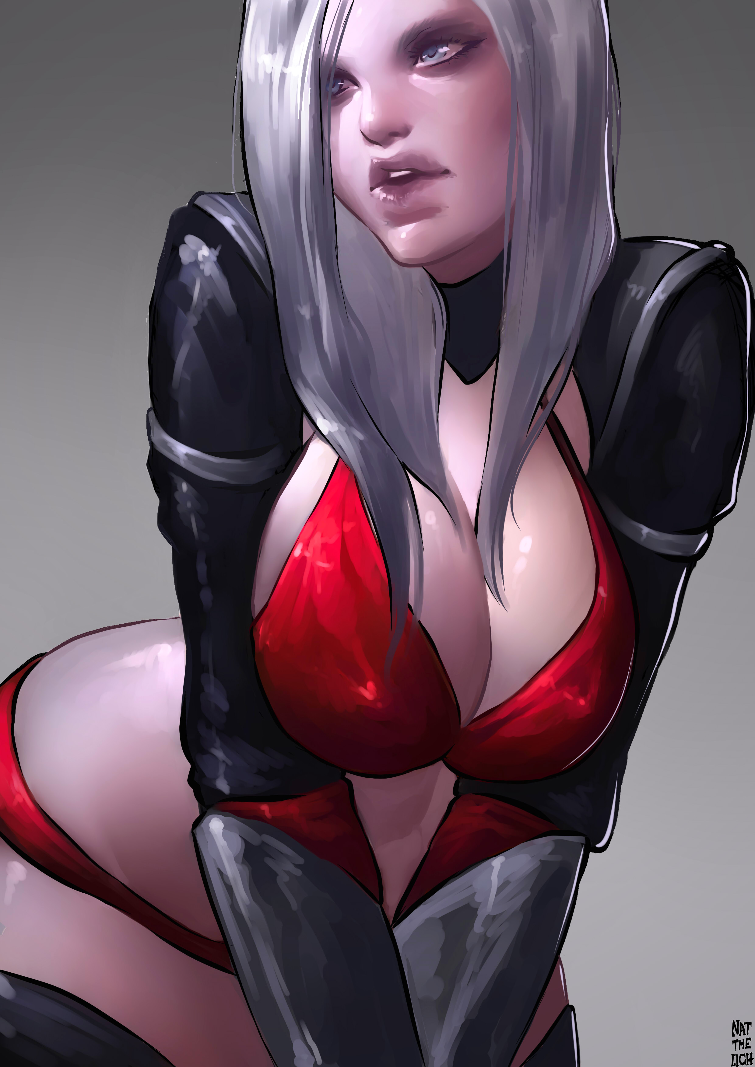 absurdres, blue eyes, bra, breasts, cleavage, diablo, diablo 3, female, female only, highres, natthelich, necromancer, panties, solo, white hair