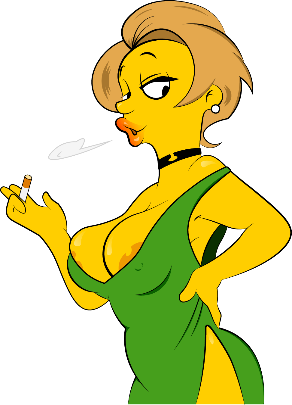 1girls4_fingers accurate_art_style areola areola_slip areolae big_areola big_breasts breasts choker cigarette cigarette_smoke clothed clothed_female clothing coloured dbaru digital_drawing_(artwork) digital_media_(artwork) dress ear_piercingear_ring earrings edna_krabappel eyebrows eyelashes female female_only fingers glistening hair hand_on_hip hand_on_own_hip holding_cigarette holding_object humanoid_hands ineffective_clothing jewelry lips lipstick looking_at_viewer mature mature_female milf piercing pouting short_hair skimpy smoke solo solo_female standing the_simpsons thick_lips thin_eyebrows three-quarter_view