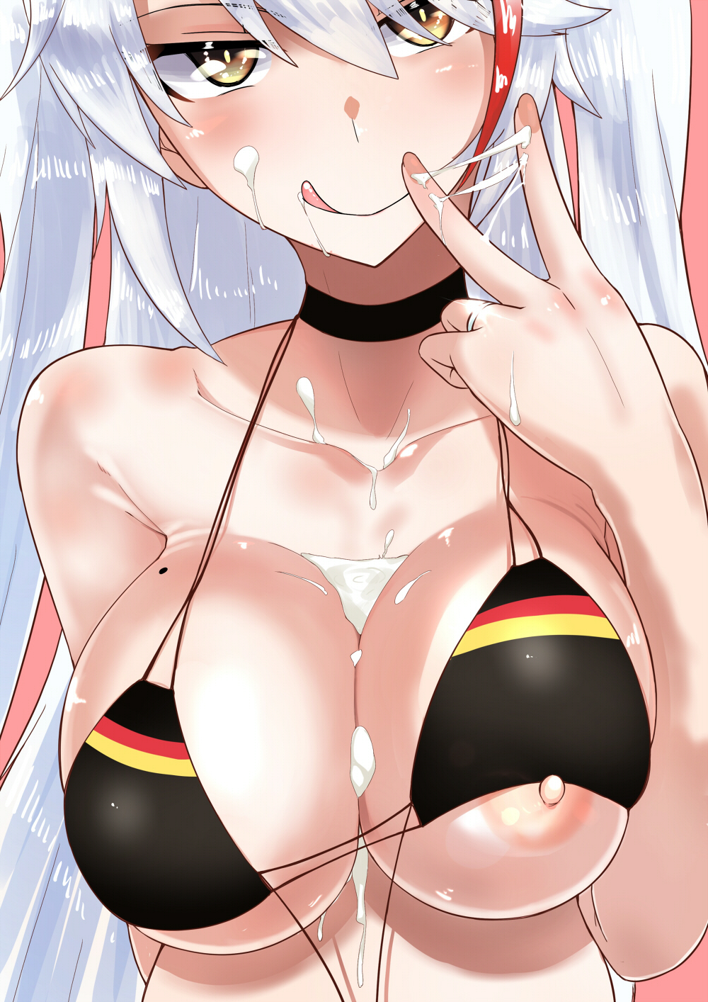 :q azur_lane black_bikini_top blush breasts brown_eyes choker close-up closed_mouth collarbone cum cum_on_body cum_on_breasts cum_on_upper_body cum_pool eyebrows_visible_through_hair facial female flag_bikini german_flag glint hair_between_eyes head_tilt highres jewelry kurozako large_breasts long_hair looking_at_viewer mole mole_on_breast multicolored_hair nipple_slip nipples one_breast_out pink_background prinz_eugen_(azur_lane) red_hair ring silver_hair solo streaked_hair tongue tongue_out upper_body v very_long_hair wedding_band