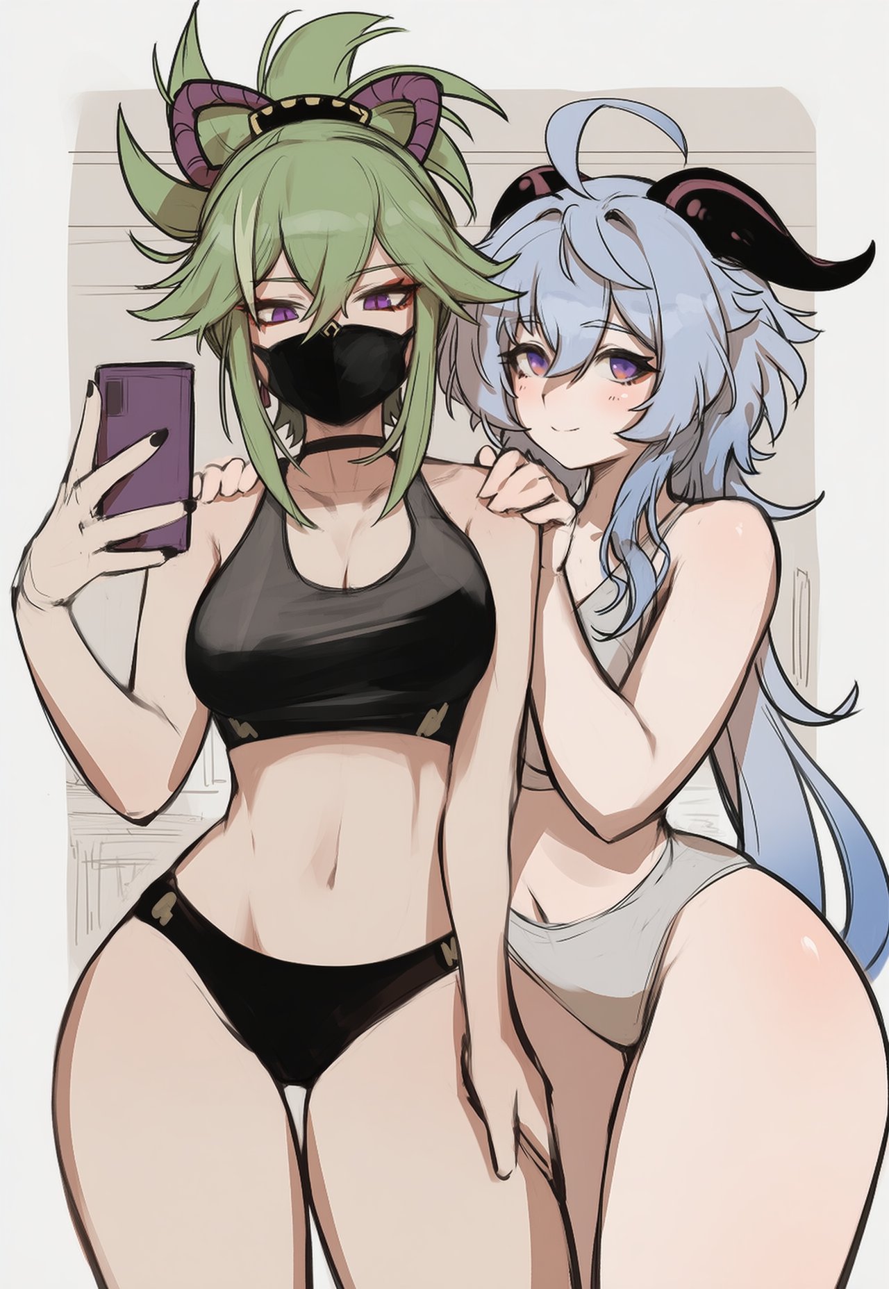 2d, 2d (artwork), 2girls, ai generated, black nails, blue hair, cellphone, front view, ganyu (genshin impact), genshin impact, green hair, holding object, horns, indoors, kuki shinobu, light skin, light-skinned female, long hair, purple eyes, selfie, short hair, sidillusts, simple background, slim girl, smiling, smiling at viewer, standing, young, younger female