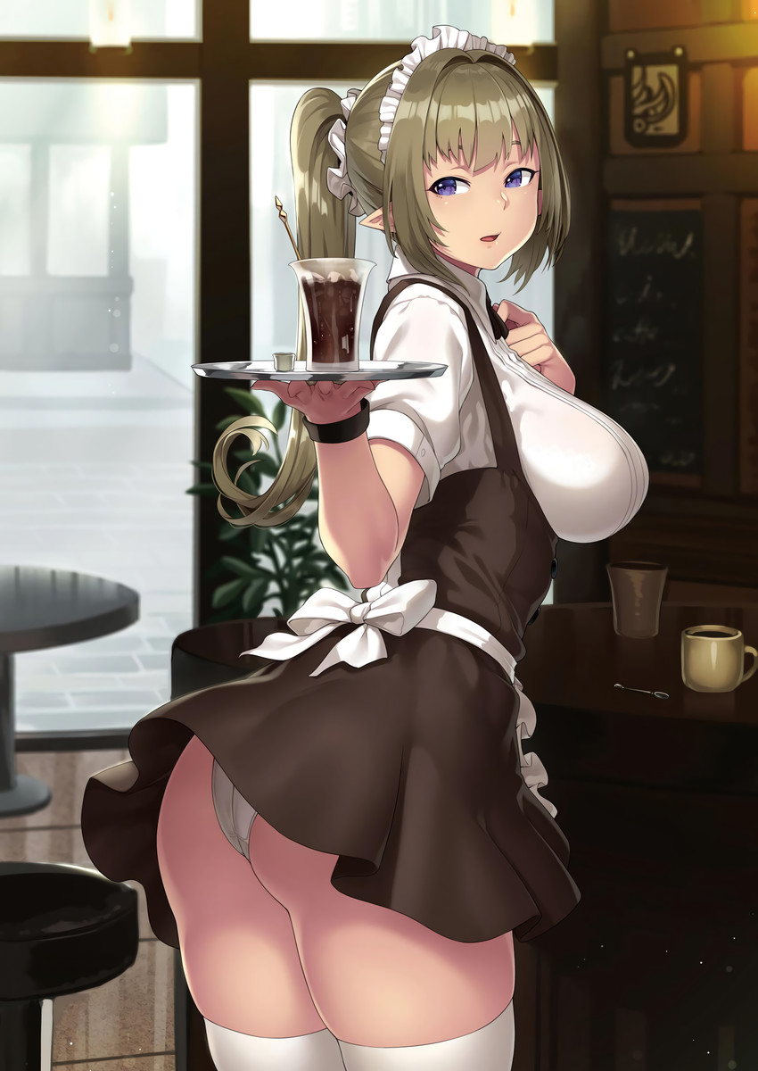 1girls apron ass breasts brown_hair elf female female_only french_maid from_behind hair_ornament holding holding_tray houtengeki indoors large_breasts long_hair maid miniskirt original panties pointy_ears ponytail purple_eyes short_sleeves skirt solo source_request standing thighhighs tray underwear upskirt white_legwear white_panties wrist_cuffs