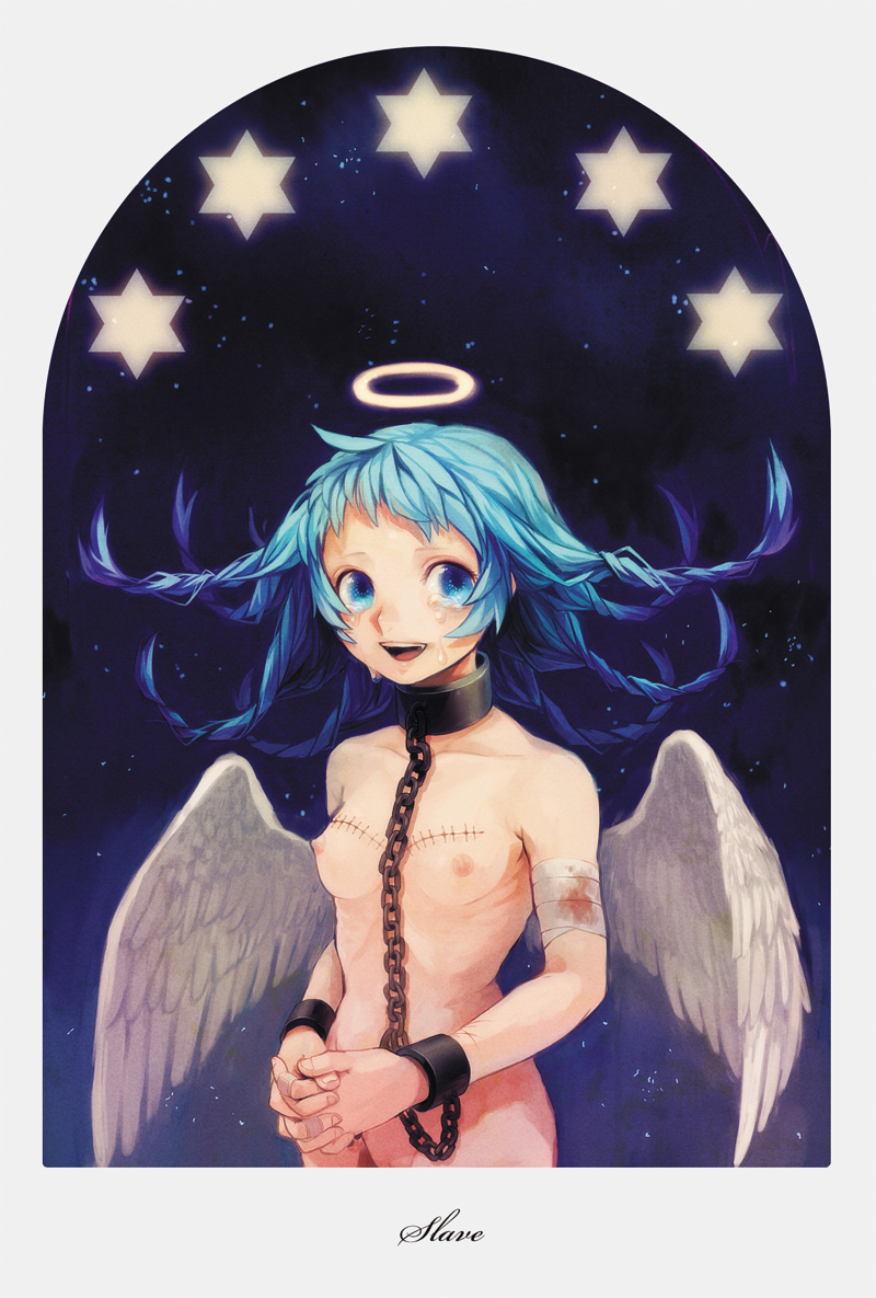 :d angel_wings bandage bandaid bandaid_on_finger bleeding blood bloody_bandages blue_eyes blue_hair border braid breasts collar cuffs cuts cutting female halo happy_tears injury long_hair multiple_braids nude open_mouth original ribs scratches shackles simple_background skinny small_breasts smile solo star starry_background stitches tears tetsuko_(tetsuko009) text wings wrist_cutting