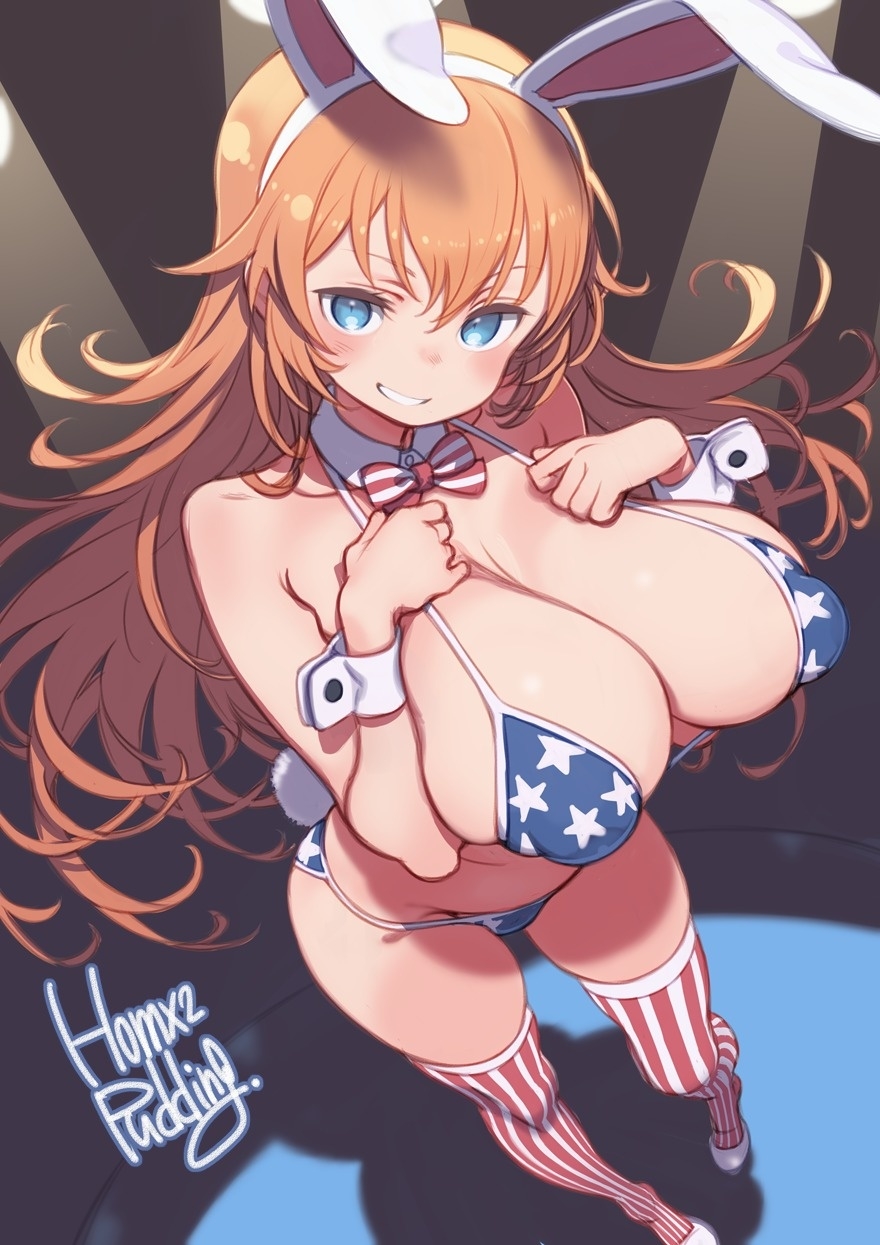 1girls, american flag bikini, bikini, bunny ears, charlotte e. yeager, female, female only, huge breasts, large breasts, orange hair, puddinghomhom, solo, strike witches, swimsuit, world witches series