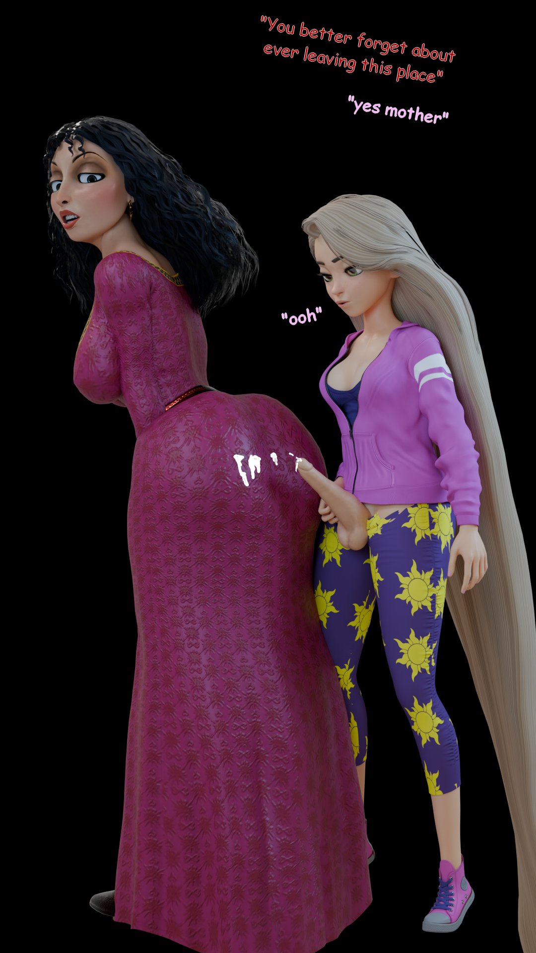 1futa, 1girls, 3d, 3d (artwork), age difference, big dom small sub, black background, black hair, blonde hair, cum, cum on ass, cum on clothes, cum on lower body, cumshot, curly hair, earrings, ejaculation, english text, female, femdom, futa with female, futanari, futasub, heperson, larger female, long hair, looking at partner, looking back, looking down, looking pleasured, mother gothel, older female, rapunzel, rapunzel (tangled), semen, semen on ass, semen on body, semen on lower body, shoes, simple background, size difference, smaller futa, smaller futanari, standing, tangled, very long hair, younger futa, younger futanari