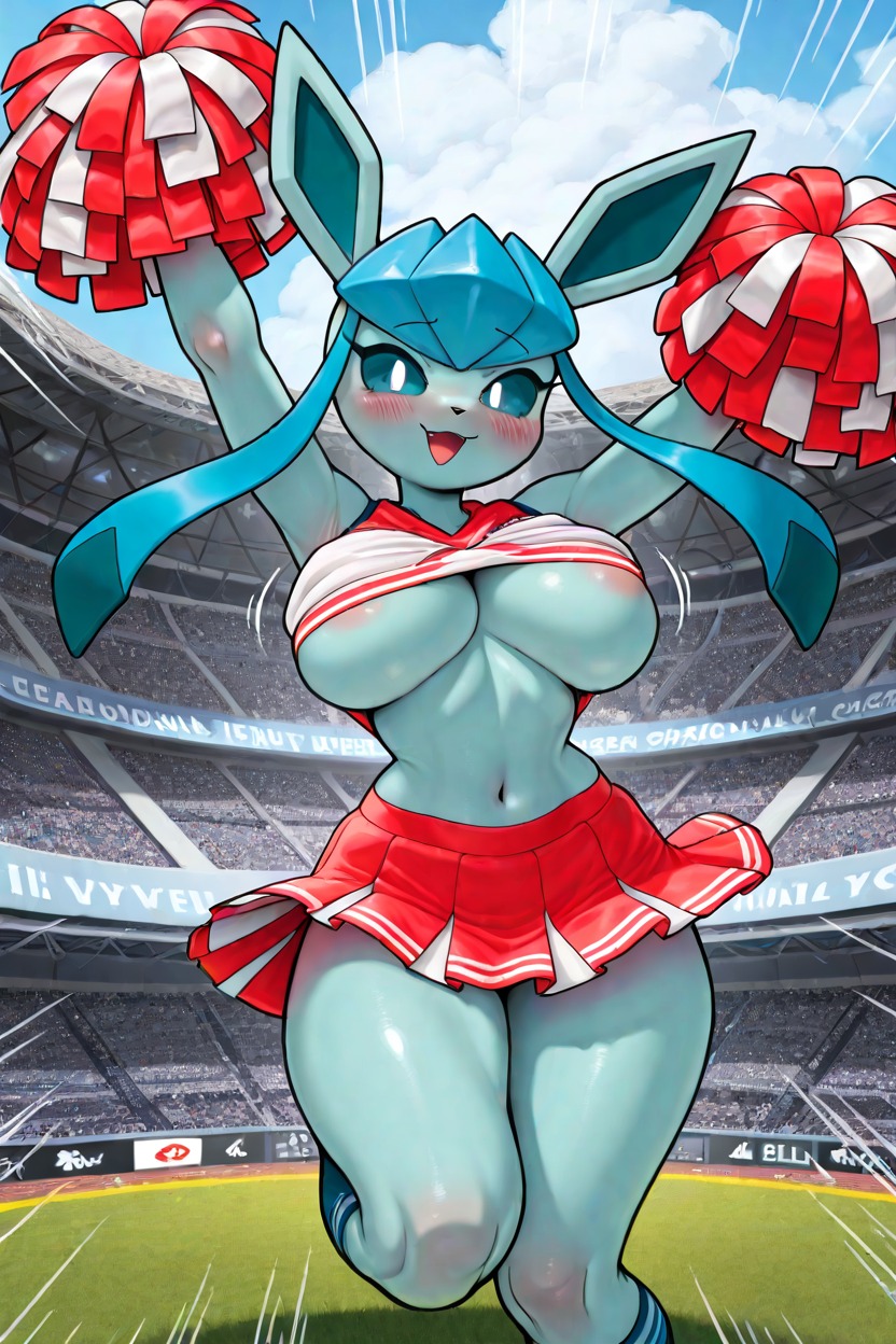 1female, 1girls, ai, ai generated, anthro, arms up, big breasts, blue legwear, blush, breasts, cheering, cheerleader, cheerleader outfit, cheerleader uniform, cloud, day, daytime, ear, ears up, eeveelution, female, frosting.ai, fur, game freak, generation 4 pokemon, glaceon, happy, holding object, jump, jumping, legwear, light blue body, light blue hair, light blue sclera, looking at viewer, midair, motion lines, nintendo, non-nude, pink areola, pokemon, pokemon (species), pom pom (cheerleading), pom poms, red pom poms, red skirt, shirt, skirt, solo, stadium, stadium background, thick thighs, thighs, tummy, underboob, white and red, white pupils
