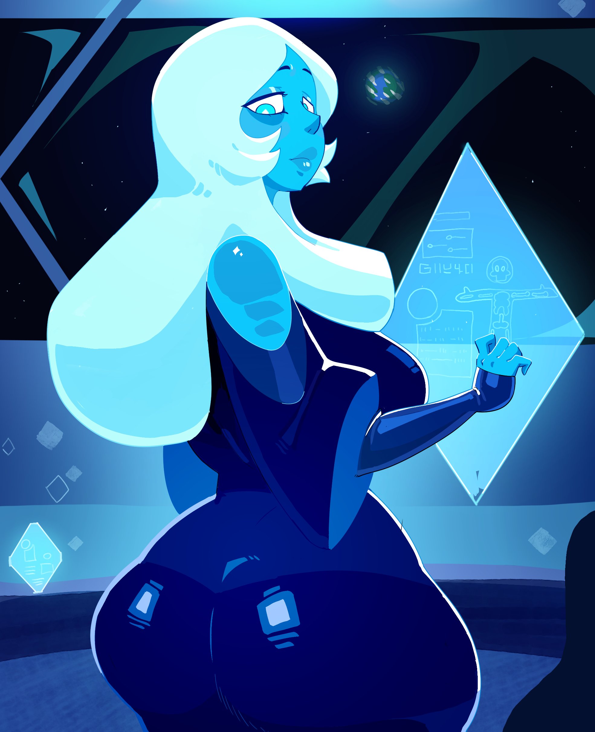 1girls, ass, ass in dress, back, back view, backboob, big ass, big breasts, blue body, blue diamond (steven universe), blue dress, blue eyes, blue lips, blue lipstick, blue skin, breasts, clothing, dress, female, female only, huge ass, lips, lipstick, long hair, looking back, mature, mature female, mature woman, parted lips, peridraw, solo, solo female, steven universe, thighs, white hair
