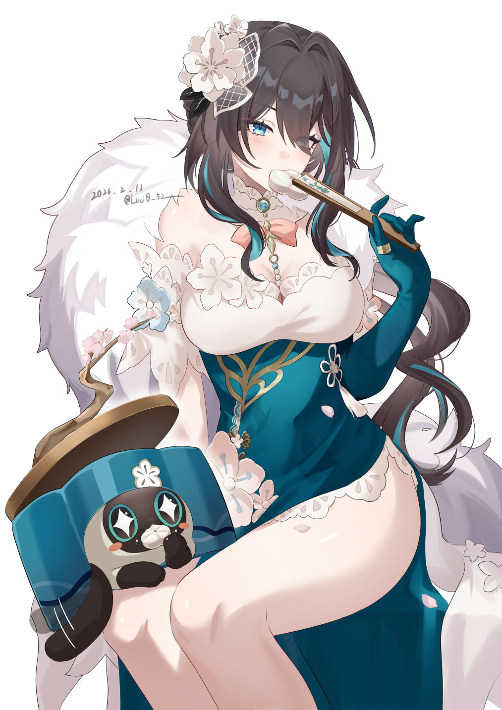 absolute queen, absurdres, animal hands, aqua eyes, ass, big ass, big breasts, bow, branch, breasts, brown hair, cake cat (honkai: star rail), cat paws, cat tail, cleavage, colorpoint (pattern), commentary request, dress, feline, female, female only, floral print, flower, folded fan, folding fan, food, fur trim, gem, gloves, hand fan, highres, hips, hips wider than shoulders, honkai (series), honkai: star rail, huge ass, huge breasts, light blush, long hair, lucio (luci0 52), mommy, multicolored hair, off shoulder, official alternate costume, pastry, peach blossom pastry, ruan mei (honkai: star rail), ruan mei (lambda's friend) (honkai: star rail), ruan mei (plumblossom letter) (honkai: star rail), sexy pose, siamese cat, sitting, solo, sparkling eyes, streaked hair, tail, thighs, two-tone dress, very long hair, white background