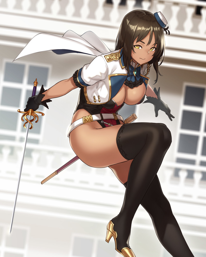 1girls aiguillette ascot belt black_legwear boots breasts brown_hair cleavage dark-skinned_female dark_skin female female_only gloves hat high_heels highleg highleg_leotard houtengeki jewelry large_breasts leotard original rapier scabbard smile solo sword thigh_boots thighhighs weapon yellow_eyes